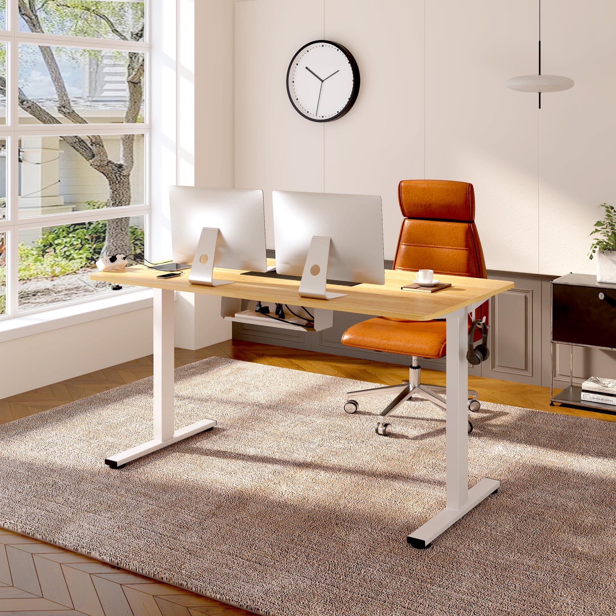 FlexiSpot EN2 Electric Standing Desk - 55 x 28 Inch Height Adjustable Workstation with Built-in Power Strip & Cable Management (White Frame & Maple Top) - Perfect for Home Office, Gaming Setup & Workspace Ergonomics