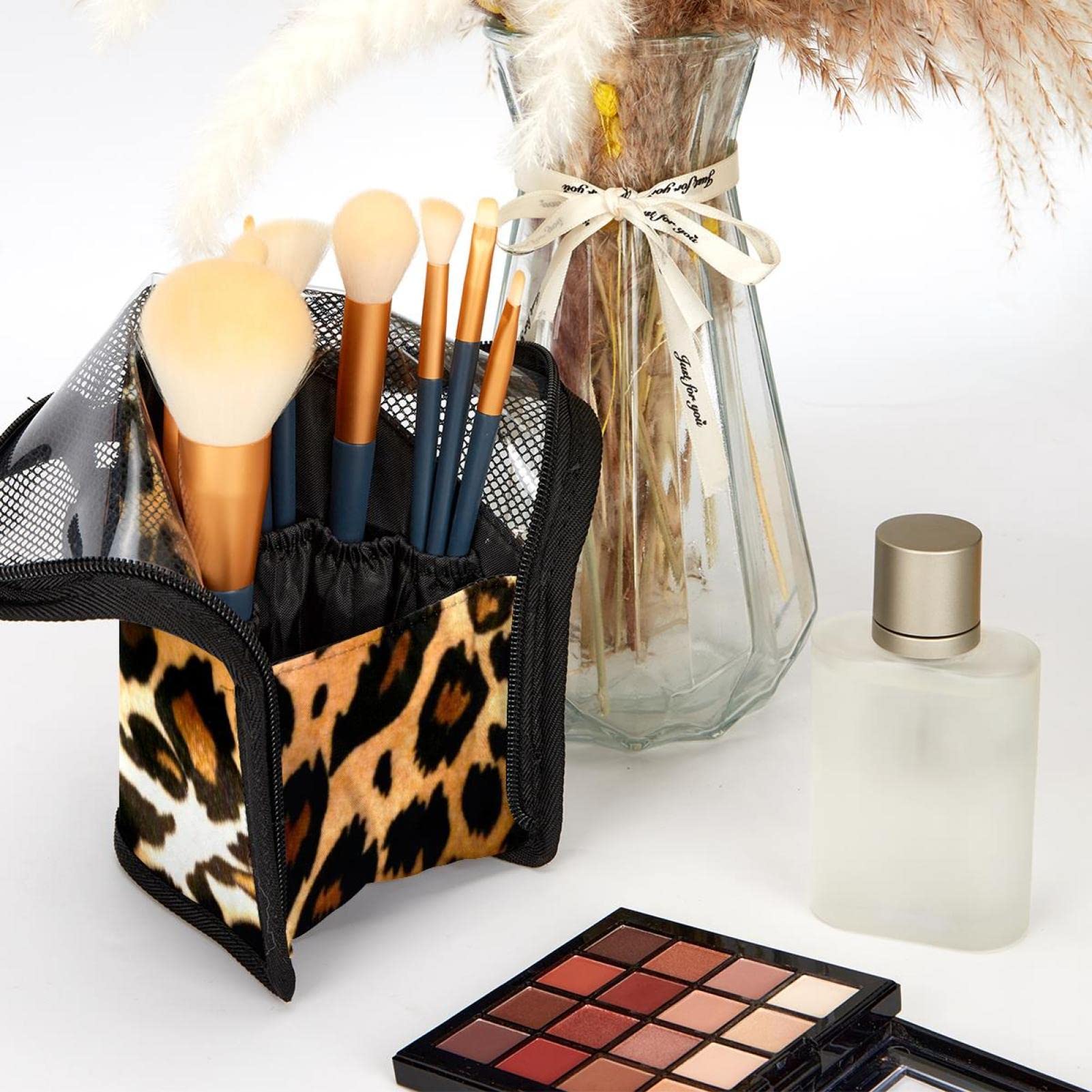 Premium 12-Piece Makeup Brush Organizer Bag with Leopard Print - Portable Cosmetic Brush Holder Case for Travel & Professional Makeup Artists