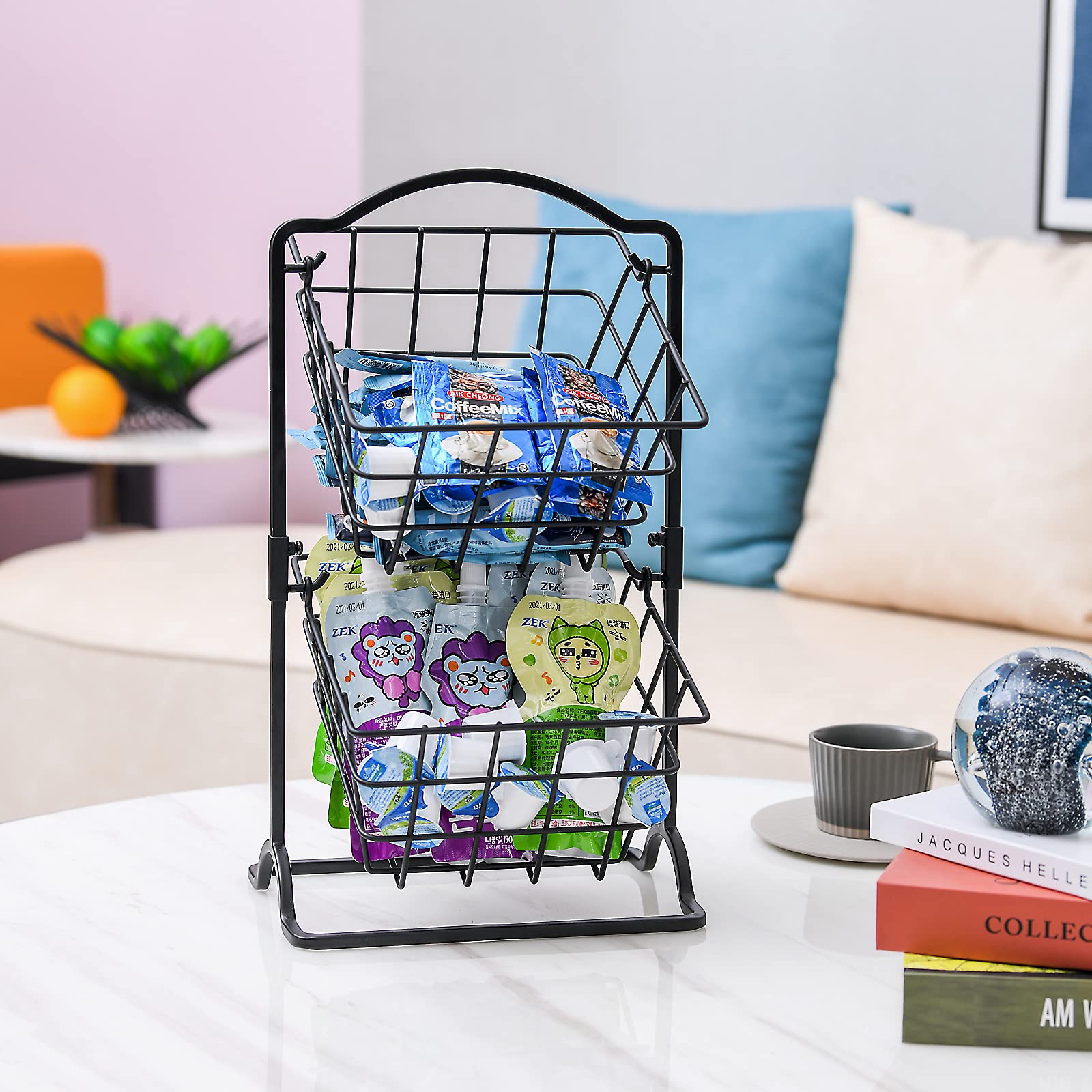 2-Tier Iron Fruit Basket for Kitchen Counter - Wire Hanging Storage Organizer for Fruits, Vegetables & Bread - Matte Black - Perfect for Pantry, Dining Table & Countertop Organization