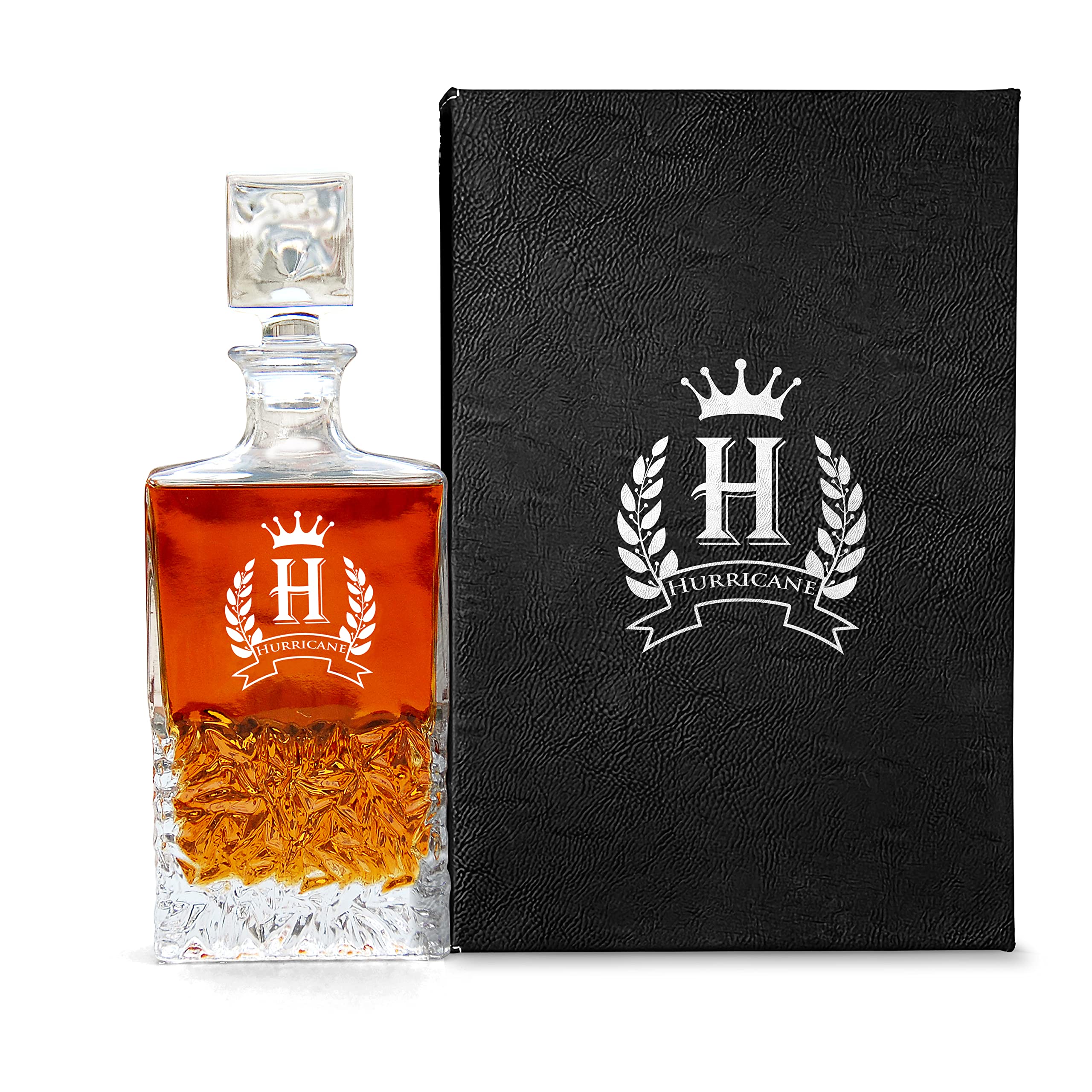 Personalized Whiskey Decanter Set - 9 Elegant Crown Design Options with Premium Black Leather Box | Perfect Gift for Whiskey Lovers, Home Bar Decor & Special Occasions
