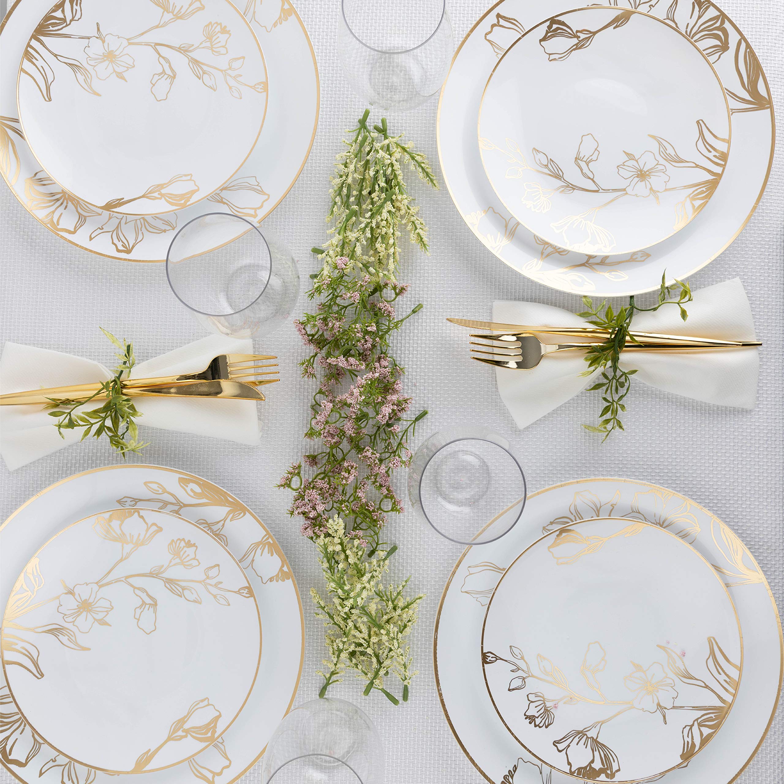 Premium Heavyweight White Plastic Party Plates - Elegant Gold Floral Disposable Tableware (128 Count) for Weddings, Birthdays & Special Events