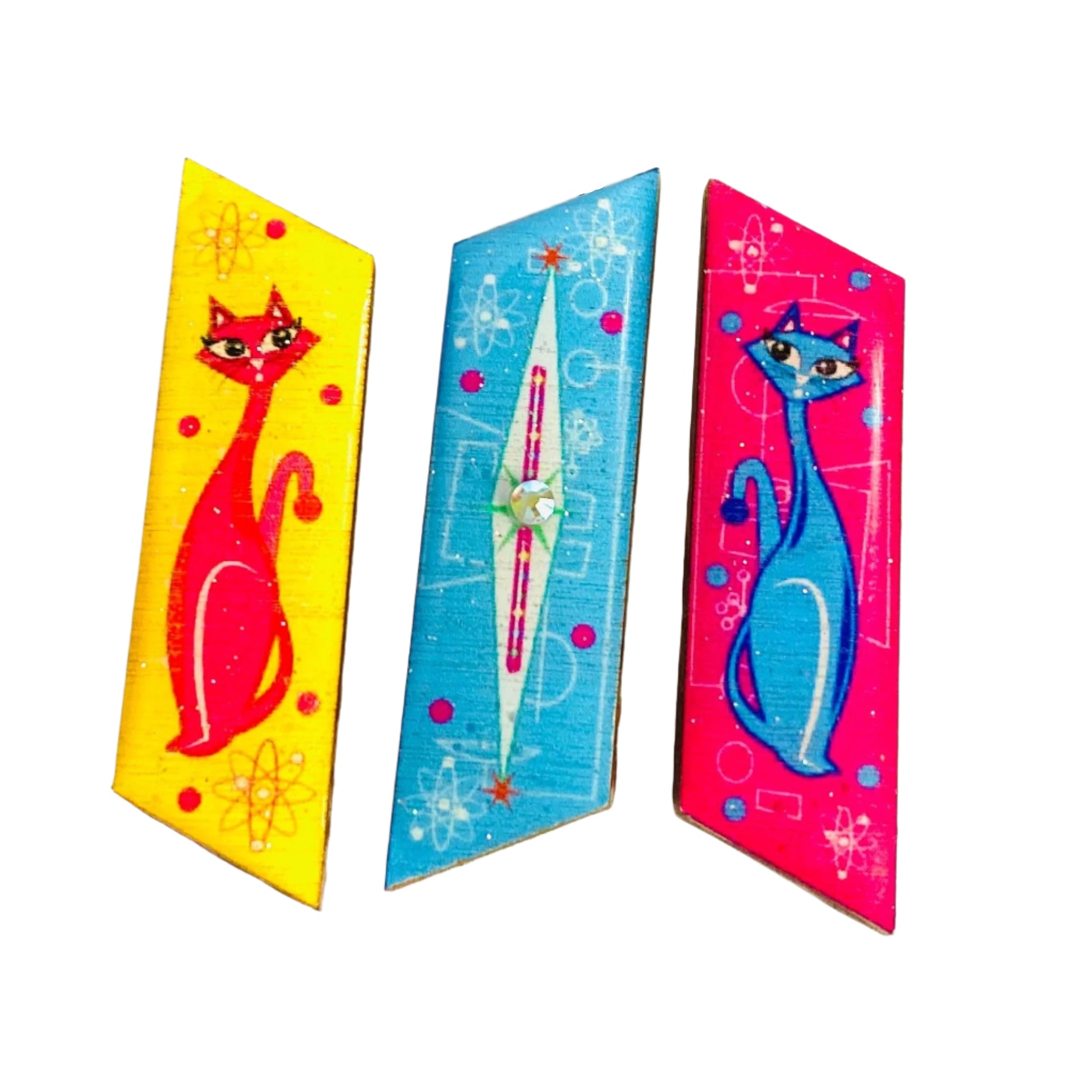 Vintage Atomic Cat Brooch Set - 3 Unique Cat Pins by Rosie Rose Parker for Women's Fashion, Collectors & Gift Giving