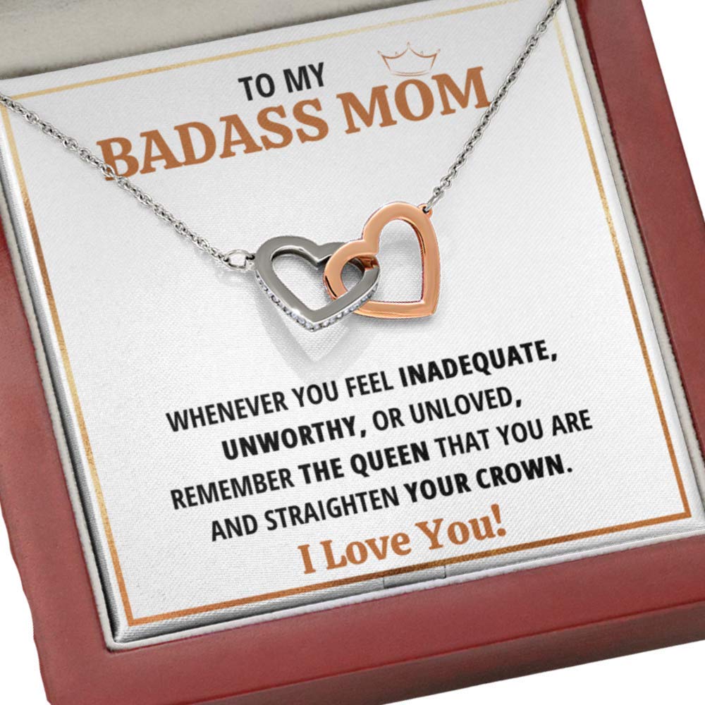 Interlocking Hearts Pendant Necklace - Meaningful Gift from Daughter or Son to Mom - Badass Queen Mother's Jewelry with Message Card & Gift Box - Perfect for Mother's Day, Birthday, Anniversary & Special Occasions