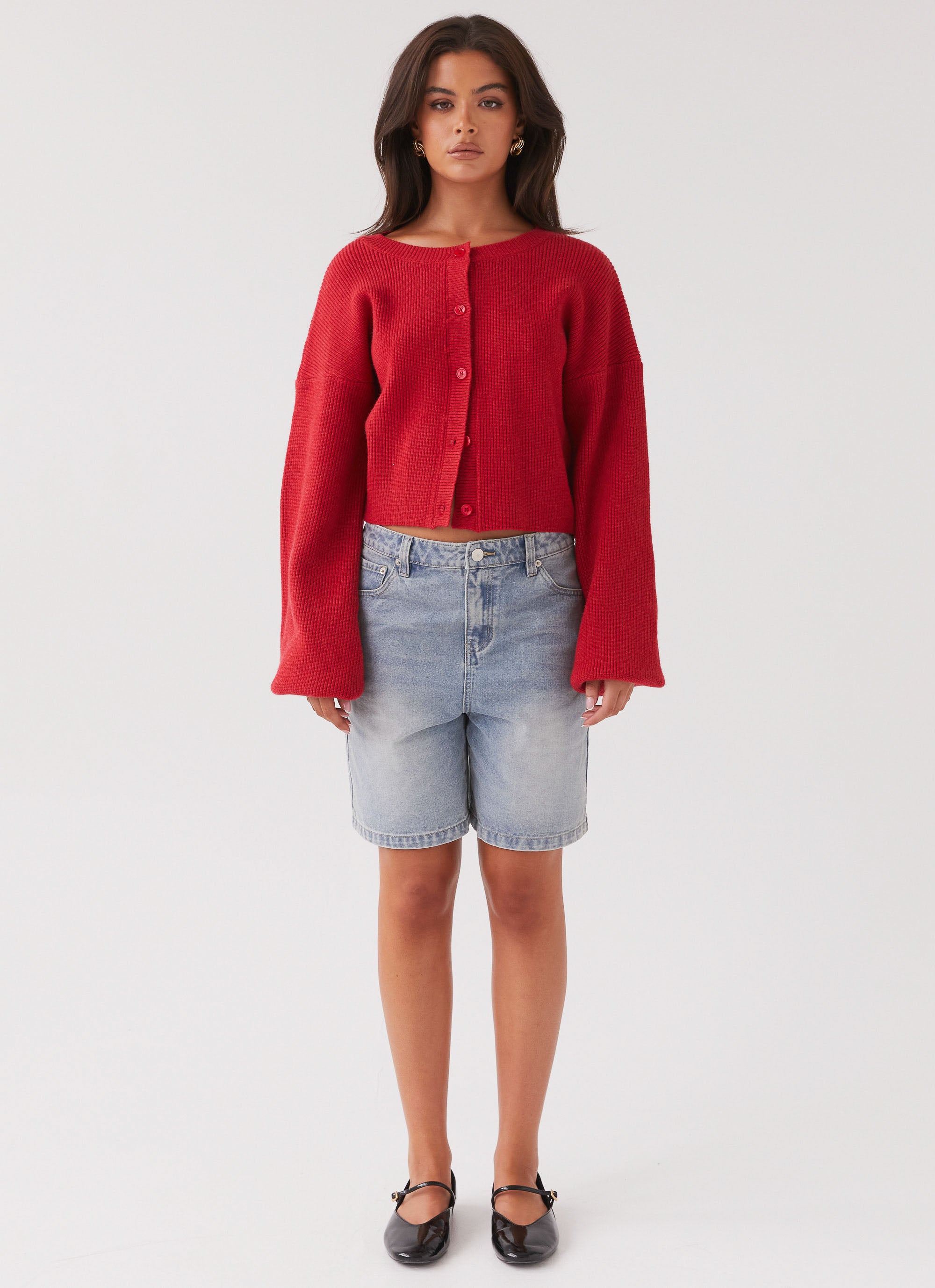 Daphne Knit Cardigan Women's Casual Long Sleeve Open Front Sweater - Cherry Red | Perfect for Fall Layering, Office Wear & Cozy Evenings