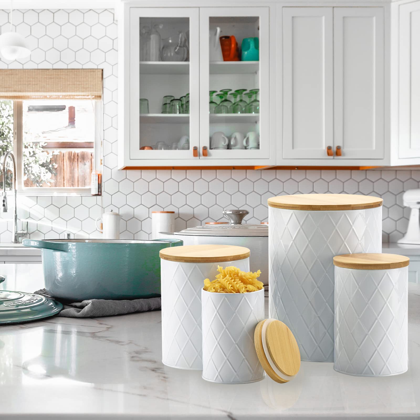 Farmhouse Style White Kitchen Canisters Set with Wooden Lids - Airtight 4-Pack for Sugar, Flour, Coffee & Cookie Storage - Perfect for Countertop Organization and Rustic Home Decor