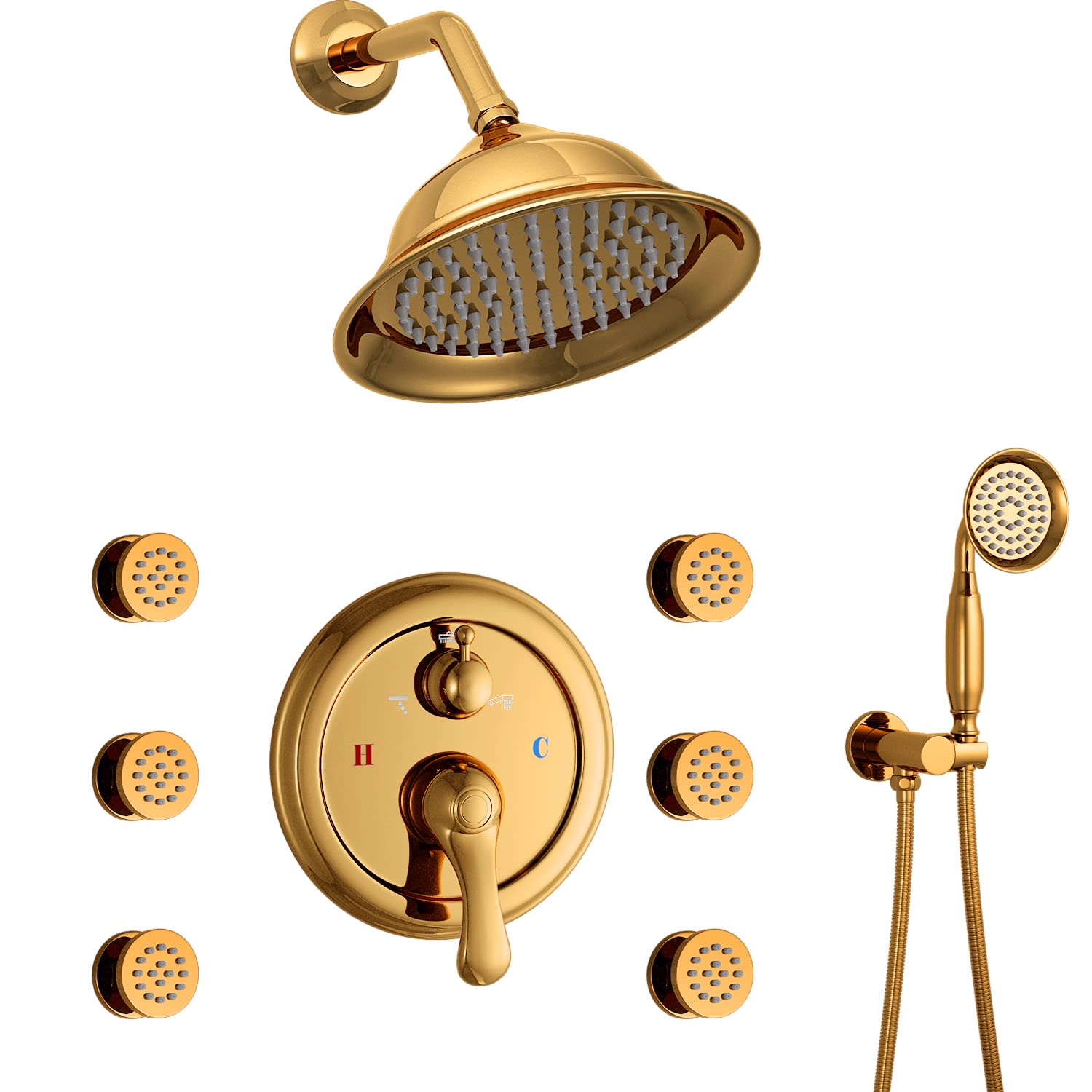 8 Inch Gold Shower System - Full Body Wall Mounted Shower Faucet with Multi-Function Rain Shower & Body Jets - Antique Polished Gold Bathroom Fixtures for Luxury Spa Experience
