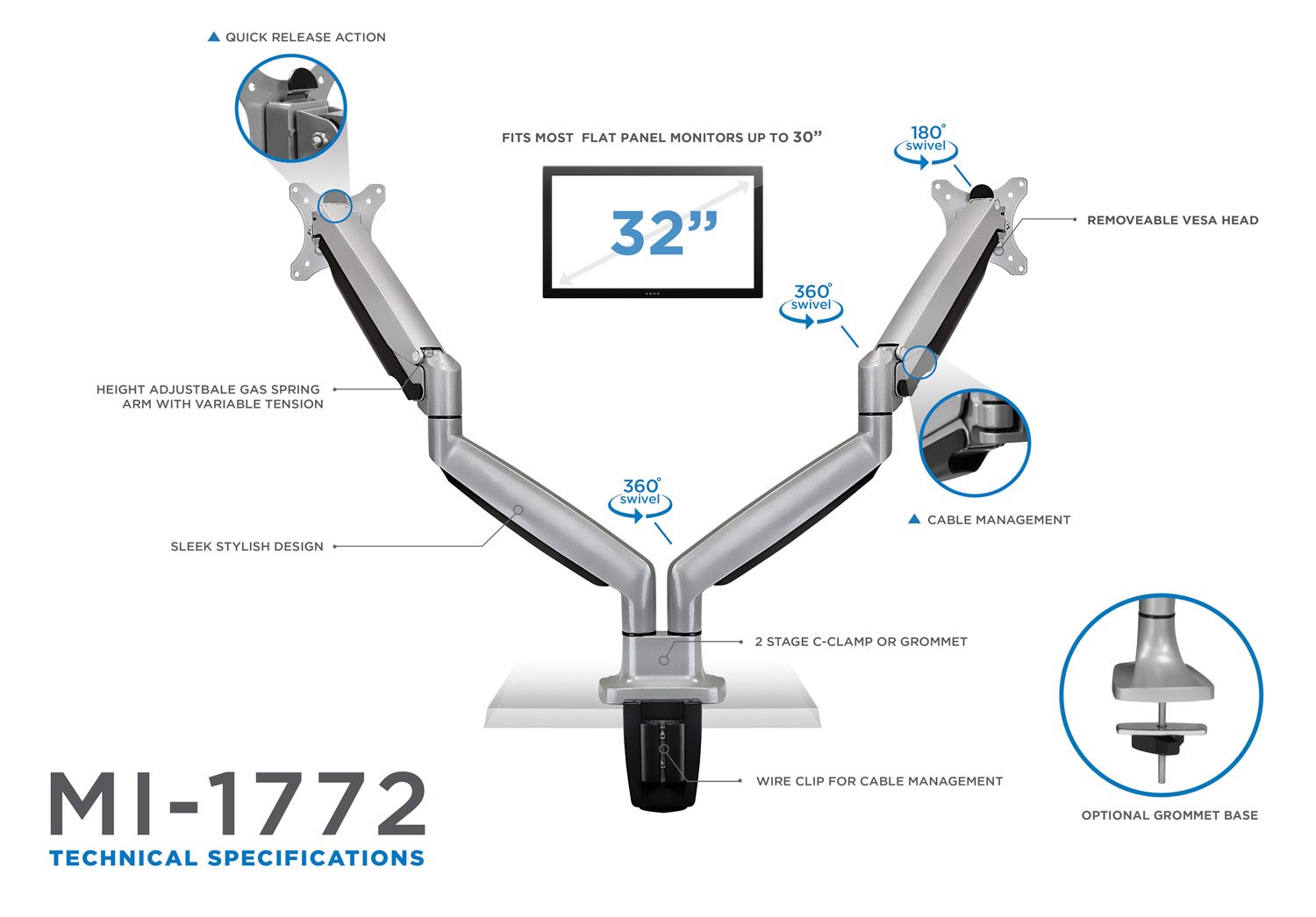 Mount-It! (MI-1772) Dual Monitor Arm Stand - Adjustable Gas Spring Mount for 2 Screens up to 32