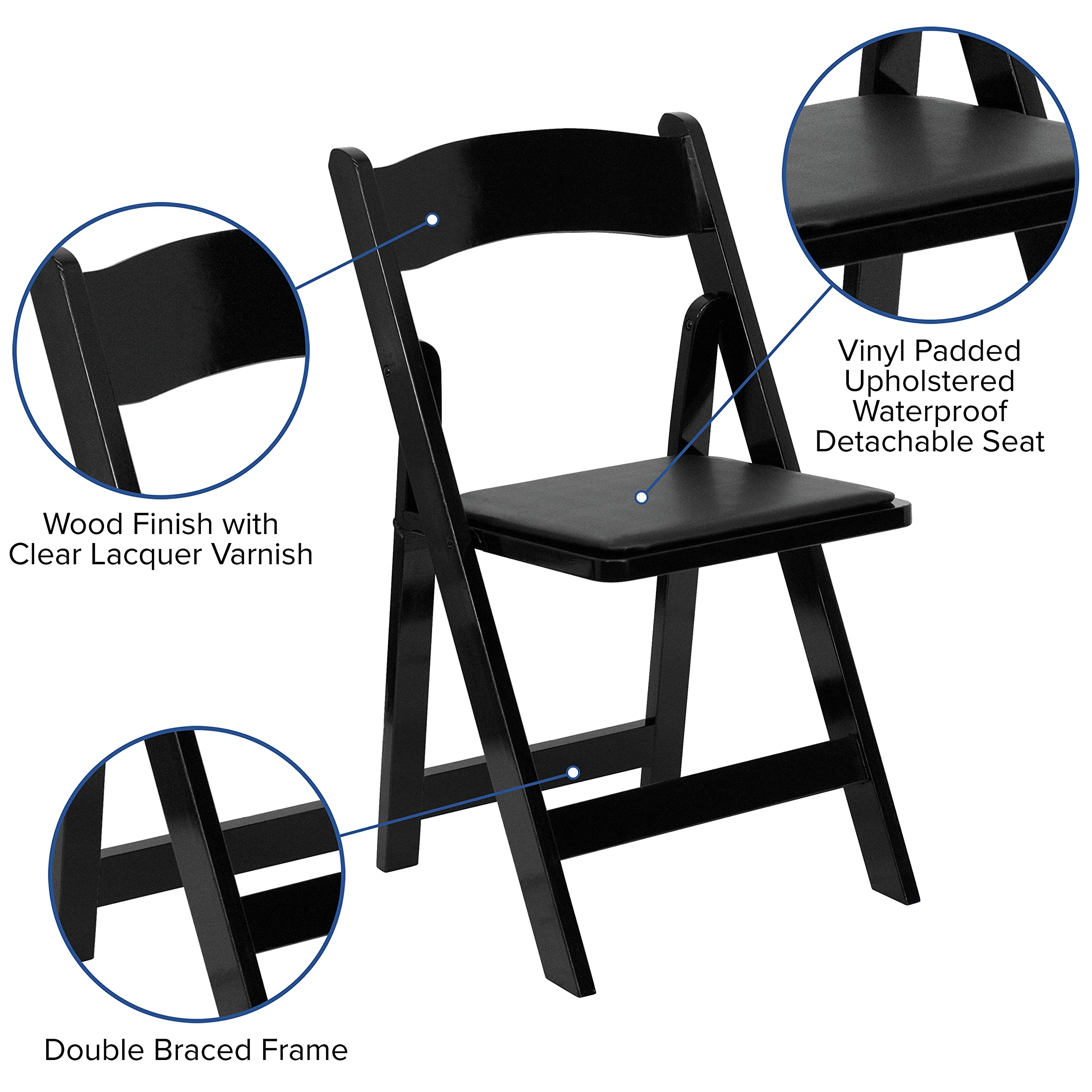 2 Pack Black Wood Folding Chairs with Vinyl Padded Seats - Sturdy & Comfortable for Indoor/Outdoor Events, Parties, Weddings & Home Use