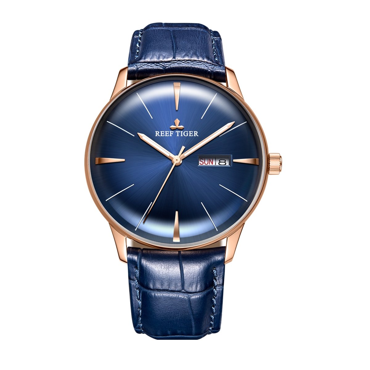 REEF TIGER Luxury Automatic Watch for Men - Blue Dial Analog Day Date Display Waterproof Stainless Steel Dress Watch RGA8238 | Perfect for Business, Formal Events & Everyday Wear