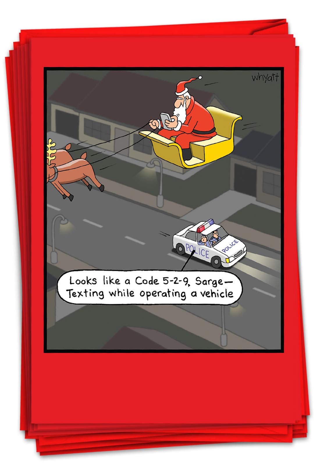 NobleWorks - 12 Funny Christmas Cartoon Greeting Cards with Holiday Humor - Boxed Stationery Notecard Set (1 Design, 12 Cards) - Texting While Sleighing B1676 - Perfect for Office Gifts, Holiday Parties & Family Greetings