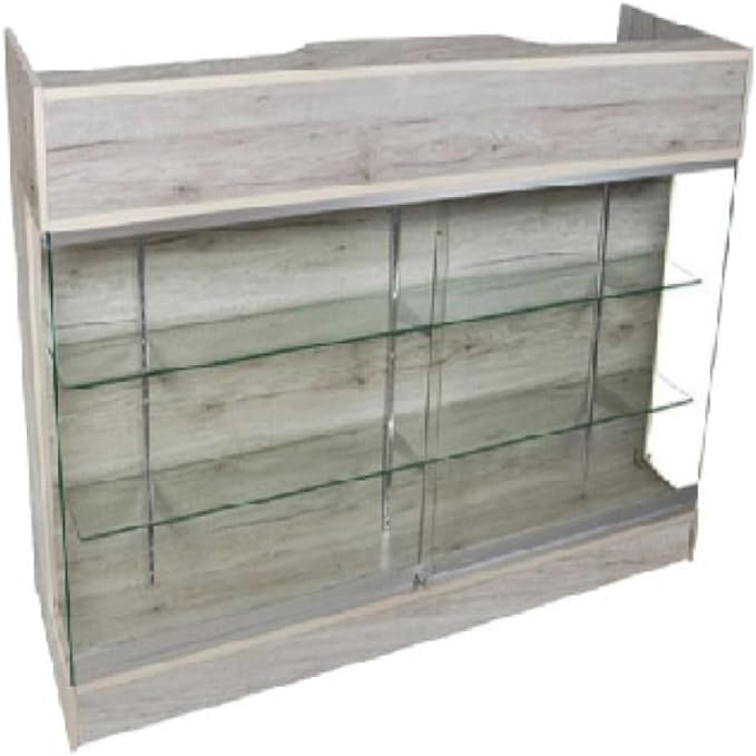 Barnwood Ledge Counter with Glass Display - 4 Feet Rustic Wooden Shelf for Kitchen, Bar, or Retail Store - Perfect for Displaying Decor, Plants, or Merchandise