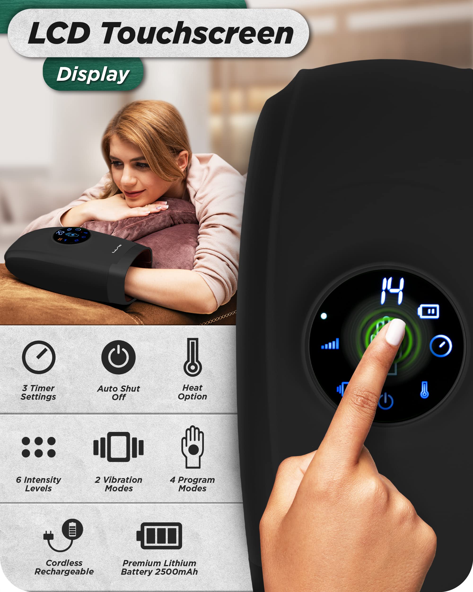 Lunix LX7 Electric Hand Massager with Heat & Compression - Shiatsu Massage Machine for Arthritis Pain Relief, Carpal Tunnel & Pressure Point Therapy - Touchscreen Hand Warmer (Black) - Perfect for Office Workers, Gamers & Seniors