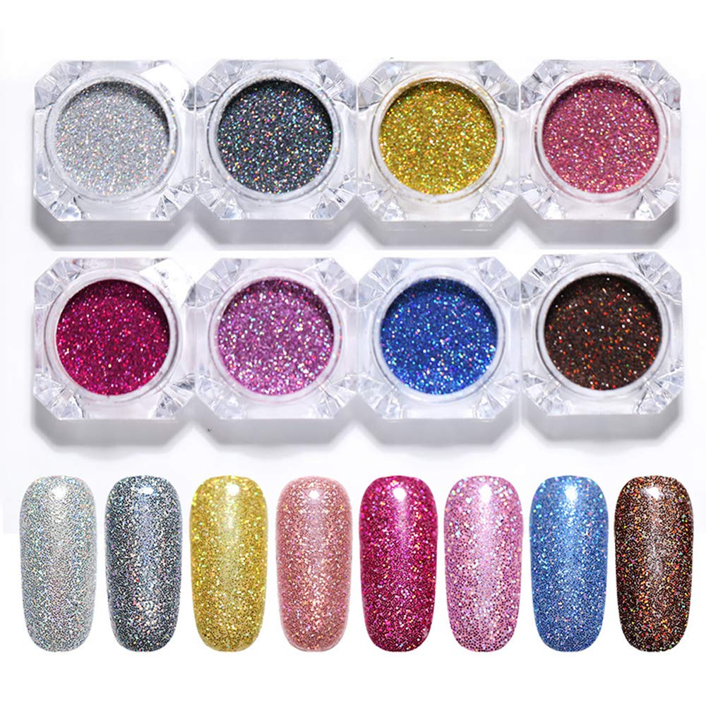 8Box Holographic Nail Glitter Powder - Chrome Shimmer Silver & Gold Nail Dust for Nail Art Tips, Manicure Decoration & DIY Nail Designs - Perfect for Salon, Party, Wedding & Special Occasion Nail Art