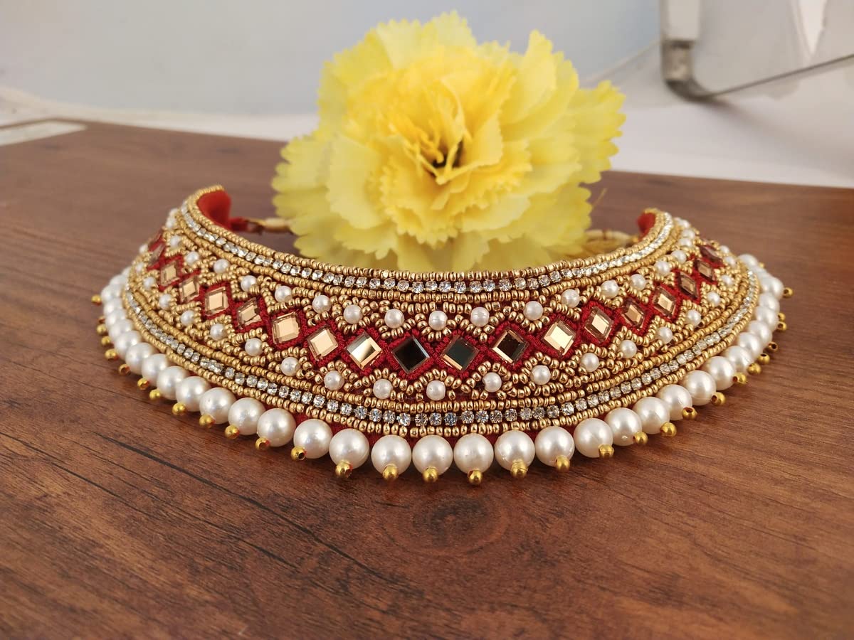VAMA Fashions Red Zardosi Embroidery Thread Work Kapada Cloth Necklace Jewelry Collar Neck Choker Set for Women & Girls - Perfect for Weddings, Parties, and Festive Occasions