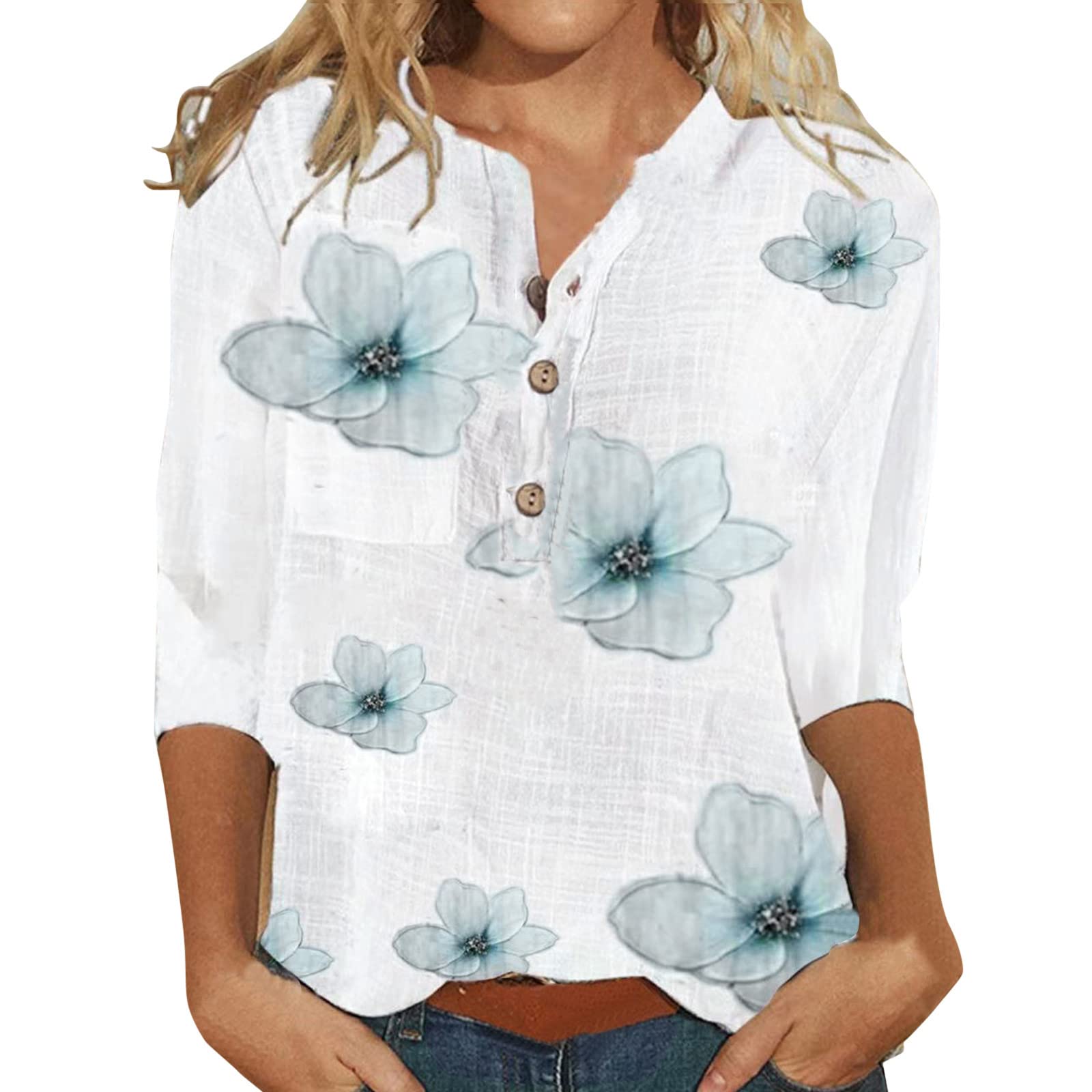Women's Printed V-Neck Button-Up Blouse - Elegant Casual Top with Medium Sleeves & Soft Fabric for Work, Date Night & Everyday Wear