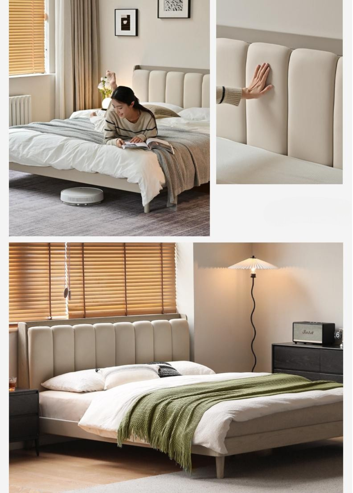 Premium Oak Solid Wood Piano Key Bed Frame with High-Tech Fabric Upholstery – Perfect for Modern Bedrooms, Guest Rooms & Luxury Home Decor