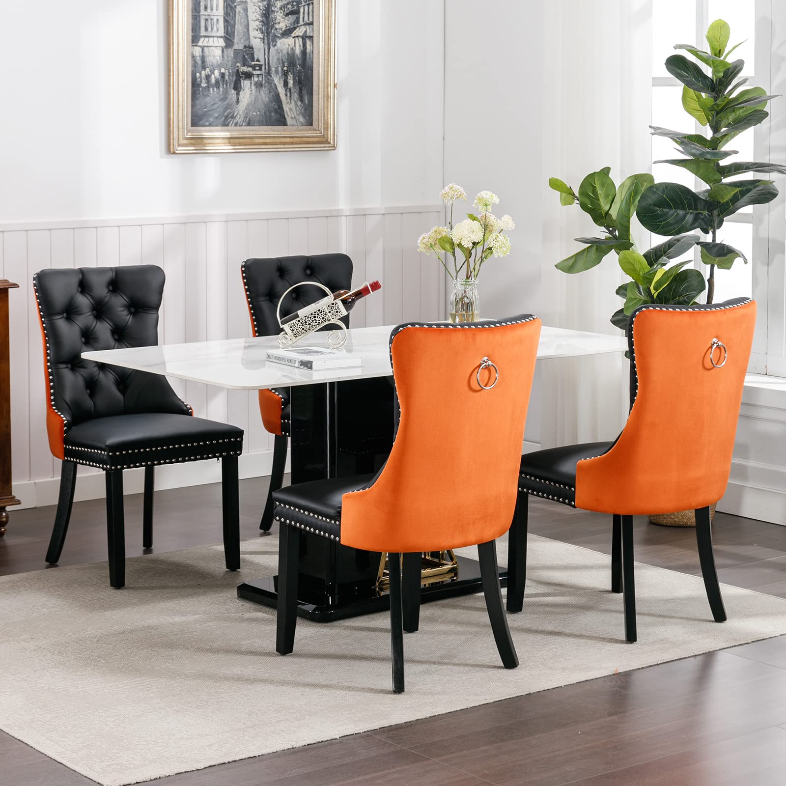 Luxury Velvet & PU Leather Dining Chairs Set of 6 - Tufted Upholstered Kitchen & Dining Room Chairs with Solid Wood Frame (Black & Orange) - Perfect for Modern Homes, Restaurants & Office Break Rooms