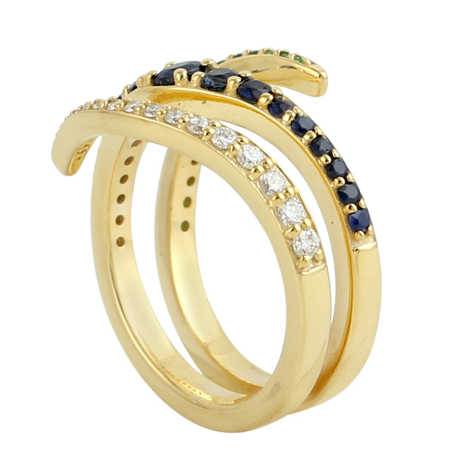 14K Yellow Gold Blue Sapphire & Tsavorite Pave Diamond Spiral Ring for Women - Elegant Jewelry Gift for Anniversary, Engagement & Special Occasions