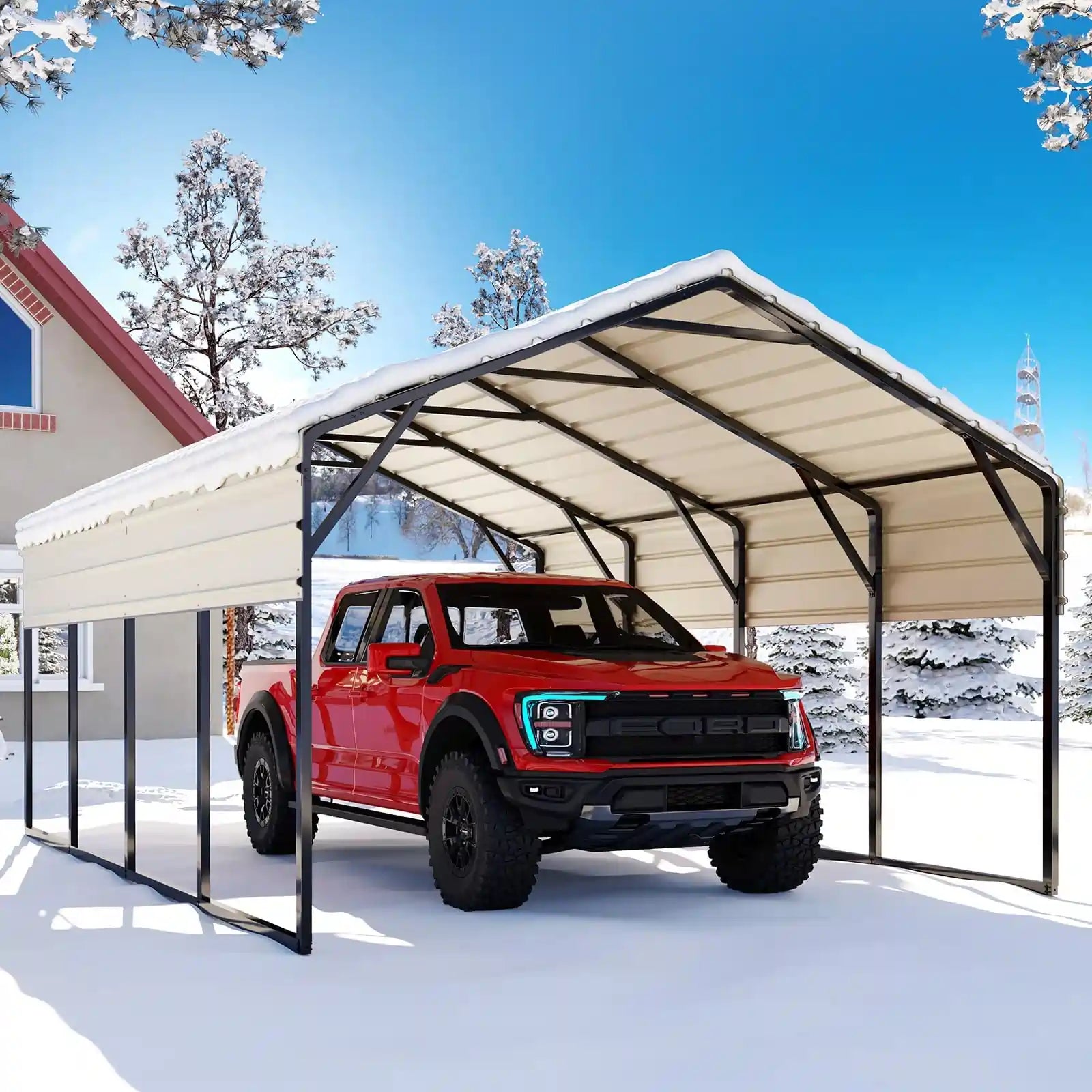 Heavy Duty Metal Roof Car Canopy - Black & White Weatherproof Shelter for Outdoor Parking, Camping & RV Protection