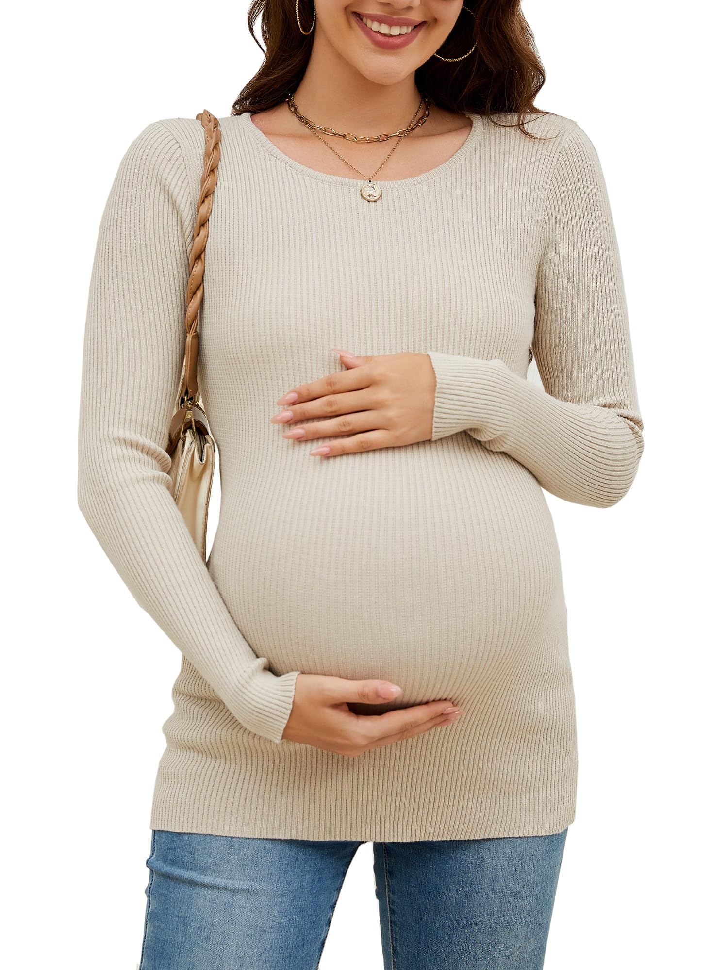 Comfortable Maternity Shirts - Ribbed Knit Long Sleeve Crewneck Pregnancy Tunic Tops for Women | Soft Stretchy Casual Maternity Clothes | Perfect for Work, Pregnancy Photos & Everyday Wear