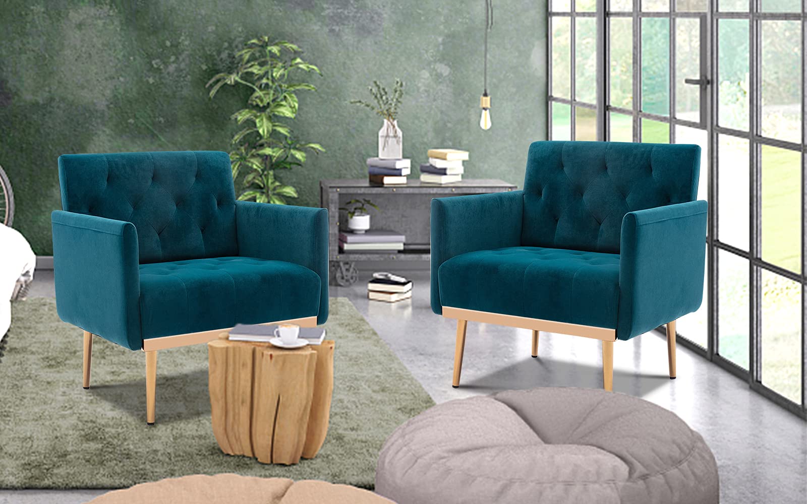 Modern Accent Fabric Armchair with Rose Gold Iron Legs - Upholstered Single Sofa Chair for Bedroom, Office & Living Room - Lake Blue Comfy Seating for Relaxing, Reading & Entertaining