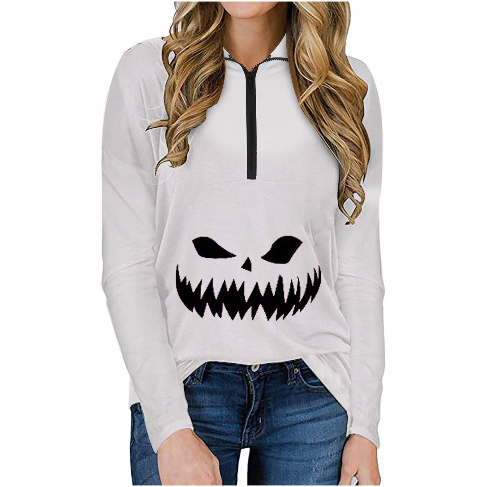 Women's Cute Ghost Printed Zipper Sweatshirt - Funny Long Sleeve T-Shirt with Turndown Collar | Casual Pullover for Halloween, Streetwear & Everyday Fashion