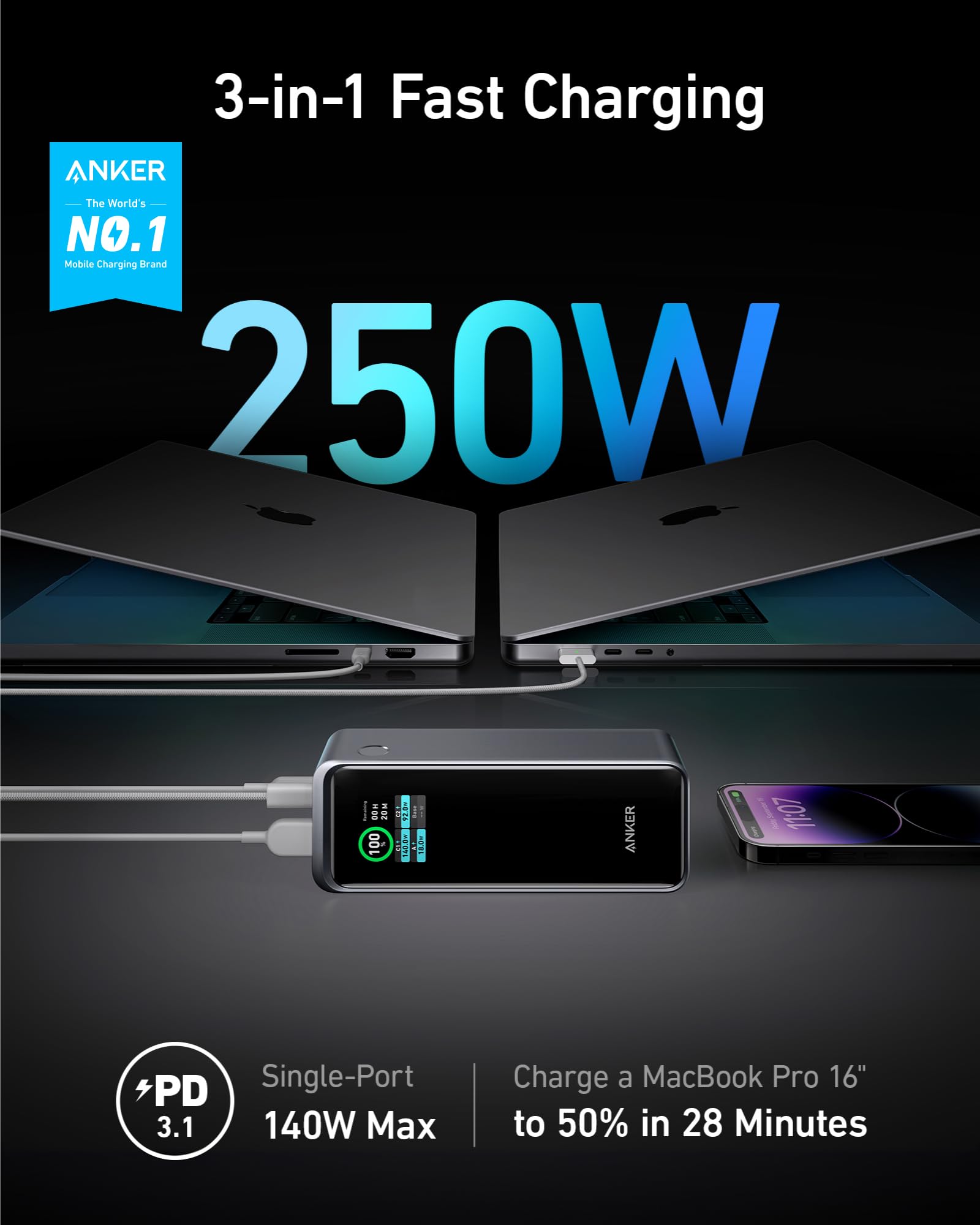 Anker Prime 27,650mAh Power Bank (250W) with 100W Charging Base - 3-Port Fast Portable Charger for iPhone 15/14 Series, MacBook, Samsung Galaxy, Dell Laptops, AirPods - Smart App Control | Perfect for Travel, Camping & Emergency Power Backup