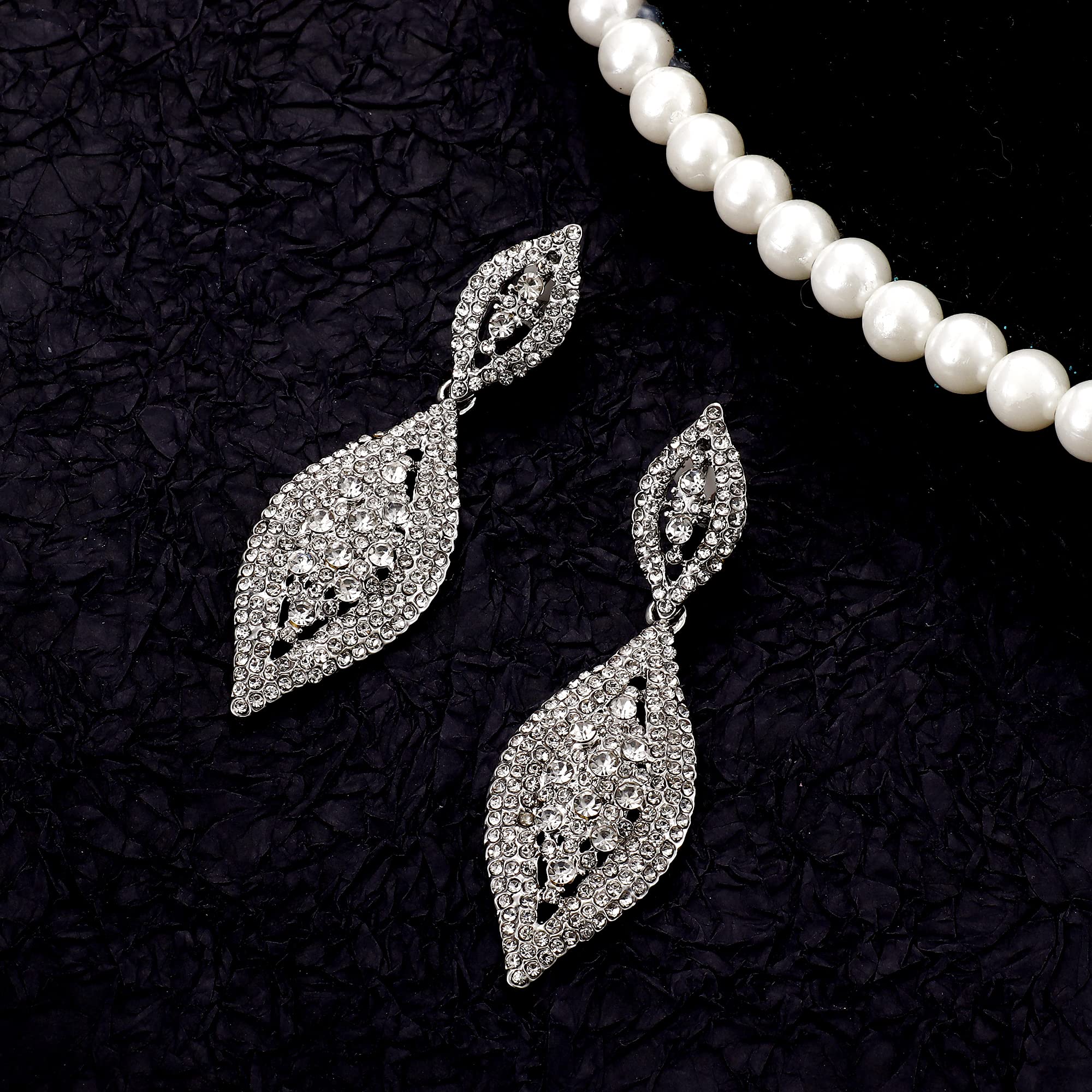 Elegant Silver Teardrop Clip On Earrings for Women - 4 Pairs Rhinestone Crystal Wedding Earrings Set - Non Pierced Dangle Earrings for Bride & Bridesmaid - Perfect for Weddings, Parties & Special Occasions