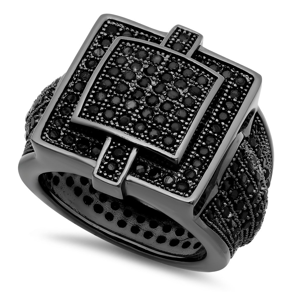 Bling Factory Black Plated Square Micro-Pave Cubic Zirconia Hip Hop Ring for Men & Women - Iced Out Jewelry with Free Polishing Cloth - Perfect for Parties, Gifts & Hip Hop Fashion