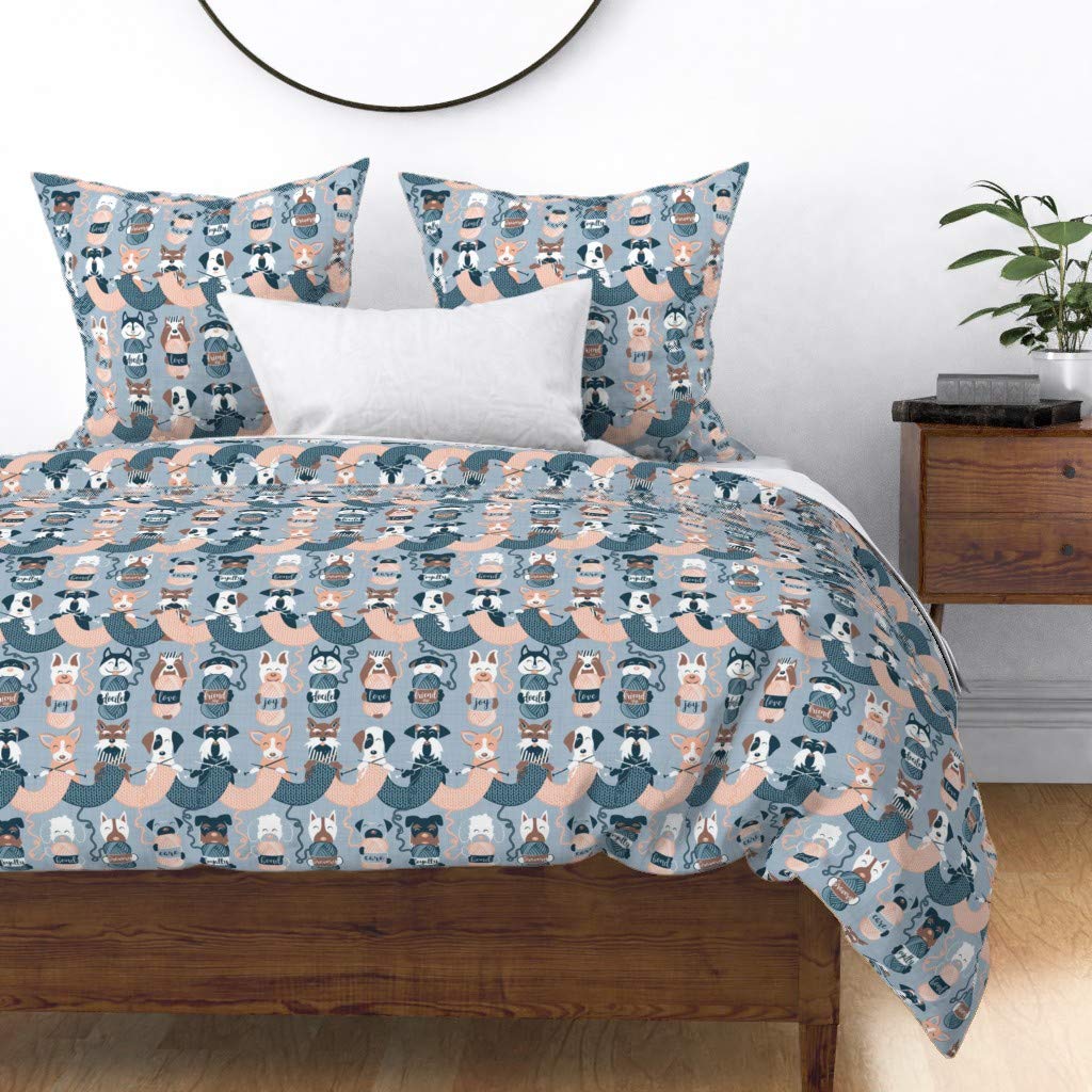 Custom Knitting Dogs Scale Hygge Winter Pug Chihuahua Peach Blue Print Cotton Sateen Duvet Cover for King/California King Size - Cozy Scandinavian Style Bedding for Winter Nights & Pet Lover Home Decor