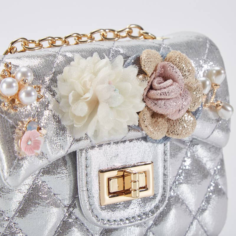 Shiny Silver Floral Applique Quilted Purse for Women - Elegant Evening Bag for Parties, Weddings & Special Occasions