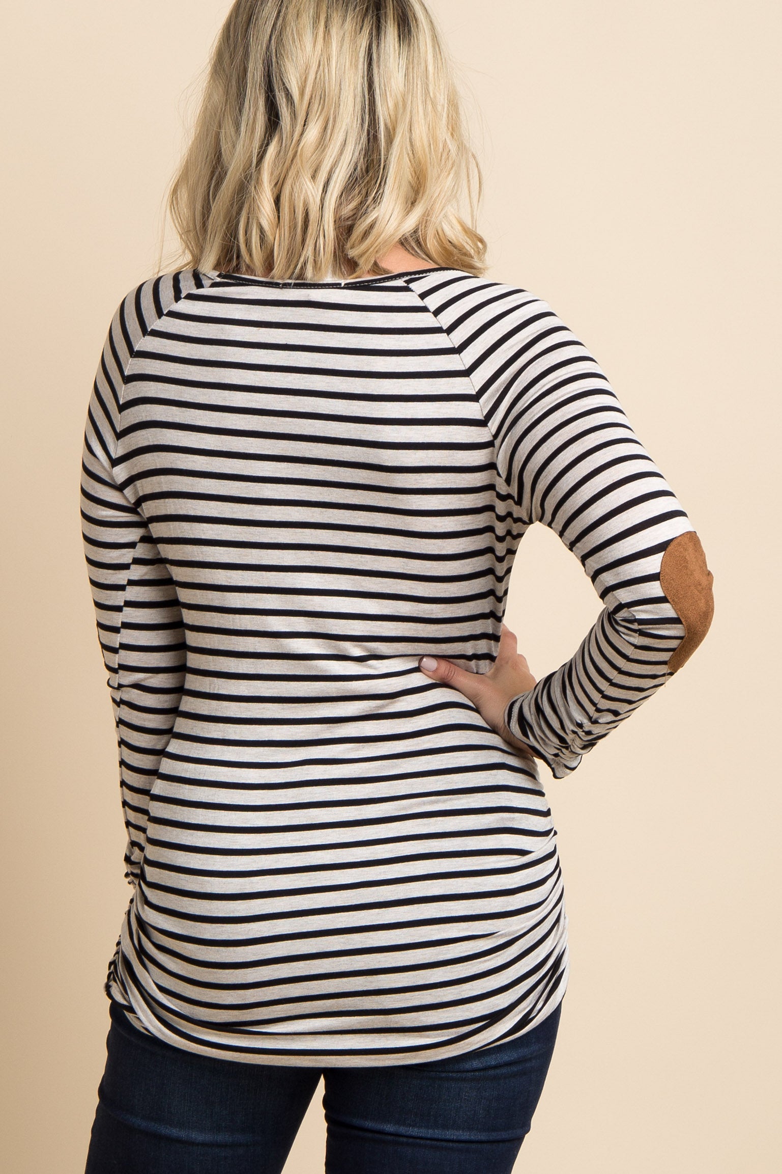 Beige Striped Suede Elbow Patch Maternity Top for Women - Comfortable Pregnancy Blouse for Casual Wear & Nursing - Perfect for Office, Maternity Photos & Everyday Outfits