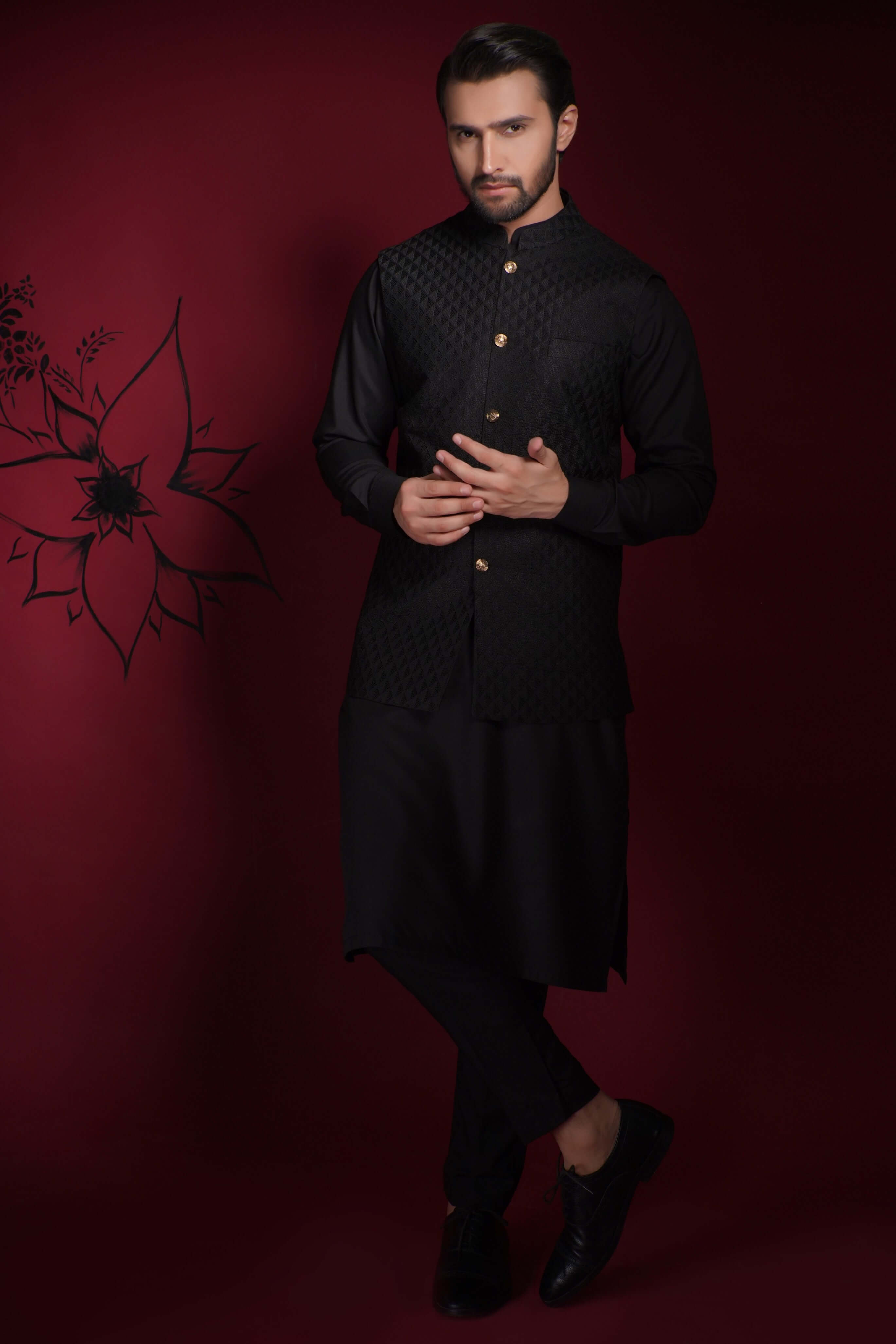 Jet Black Diamond Textured Embroidered Waistcoat Set for Men - Formal & Wedding Suit Vest - Elegant Tuxedo Vest for Groom, Prom, Party & Special Occasions