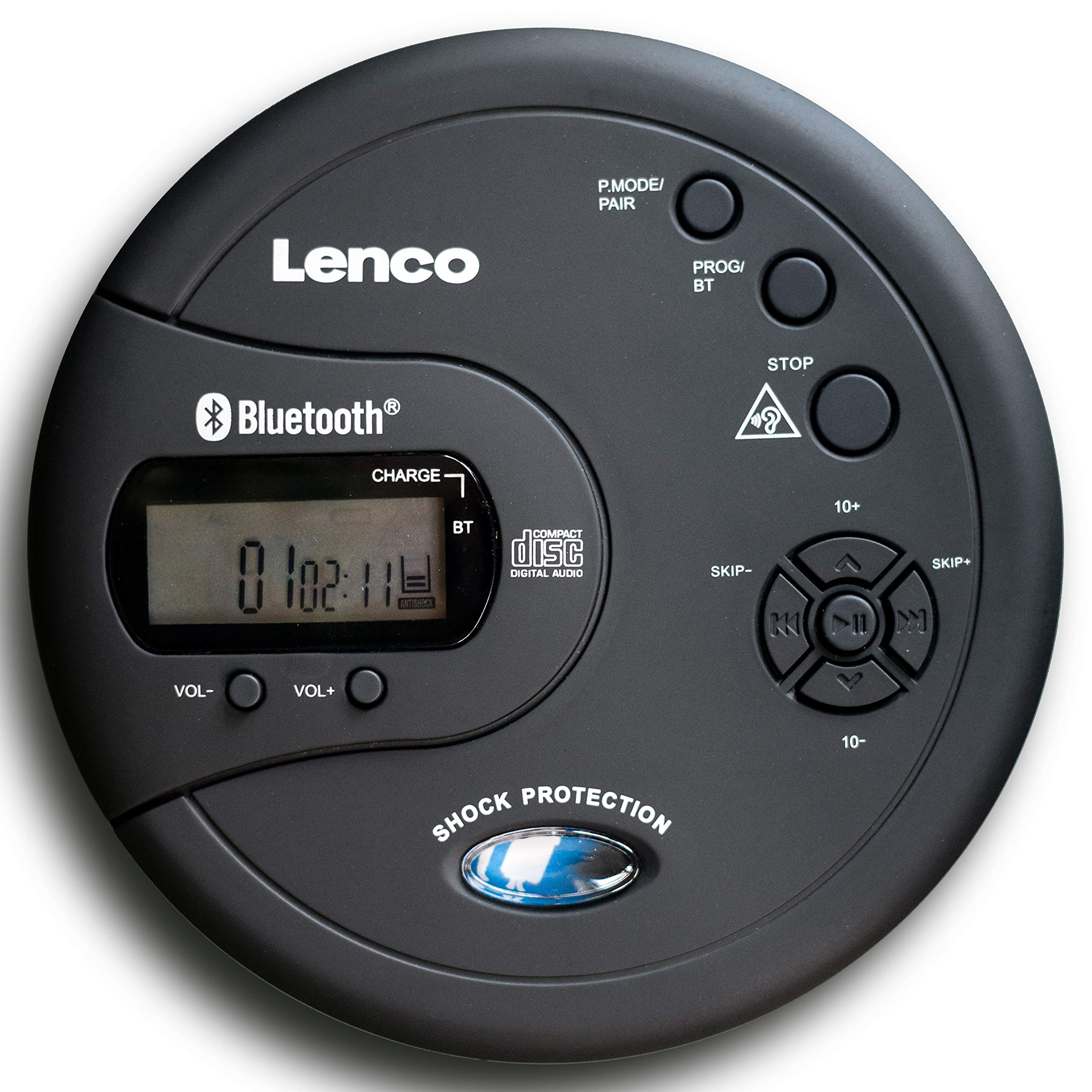 Lenco CD-300 Portable CD Player with Bluetooth & MP3 Playback - Shockproof Design, 2 x 2000mAh Rechargeable Batteries, Includes Headphones & USB Charging Cable (Black) - Perfect for Commuting, Travel & Home Use