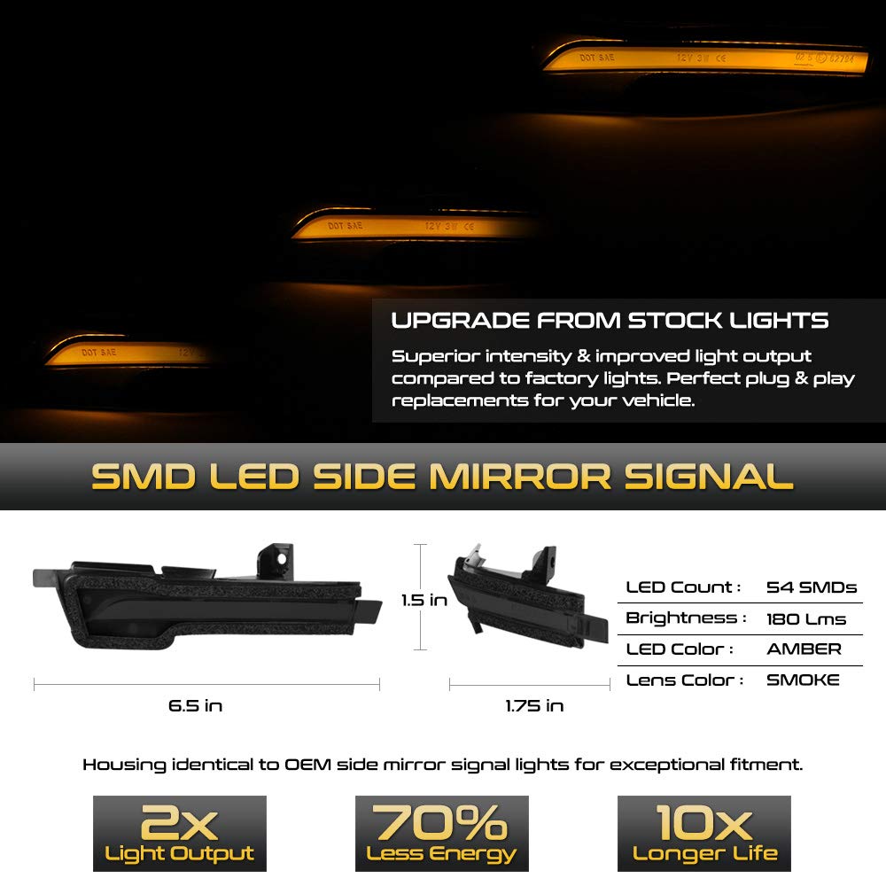 2015-2022 Ford Mustang S550 Sequential LED Turn Signal Lights - Dark Smoke Amber Side Mirror Blinker Replacement for Driver & Passenger Side | Enhanced Visibility & Modern Style for Night Driving & Custom Car Upgrades