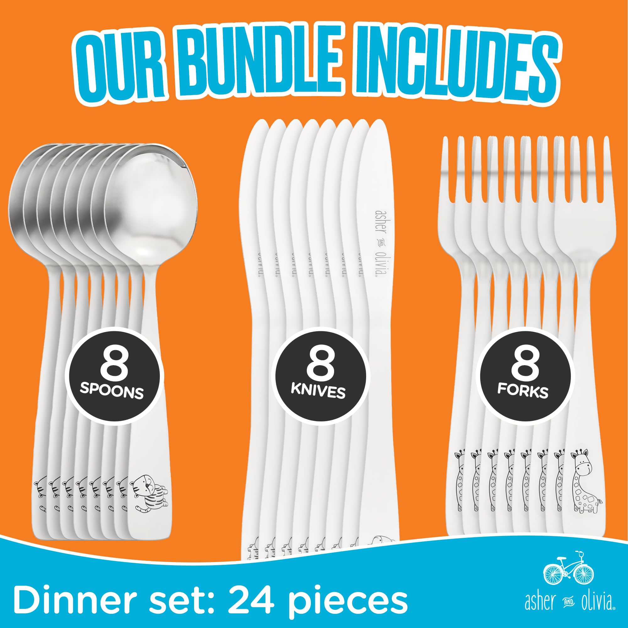 24-Piece Kids and Toddler Silverware Set - Stainless Steel Forks, Spoons & Kid-Safe Knives for Babies, Preschoolers & Children | Durable Metal Flatware for Home, School Lunch & Travel