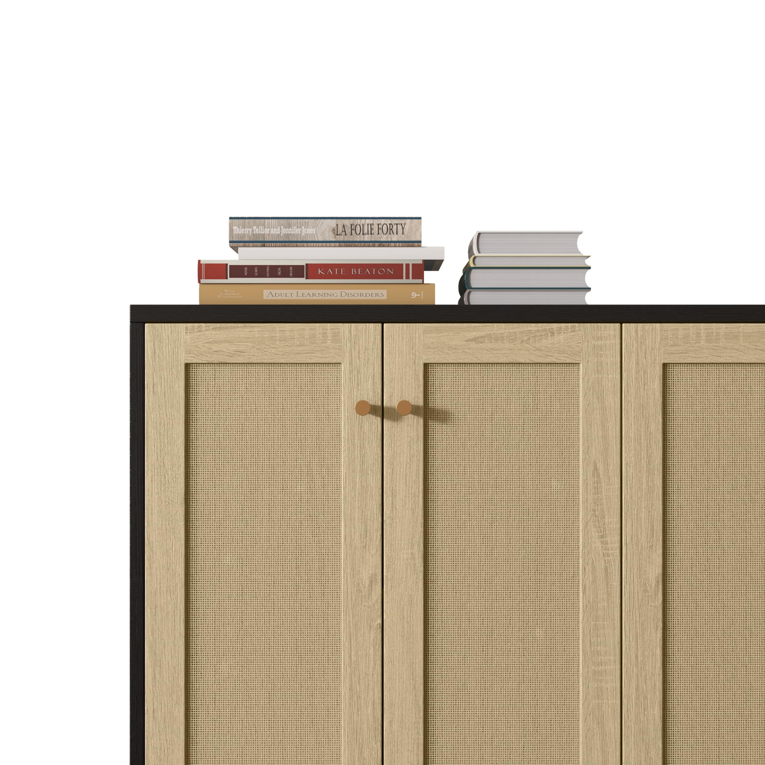 Panana 4-Door Sideboard Accent Cabinet with Rattan Decor - Freestanding Kitchen Buffet Storage for Dining Room & Living Room | Black Modern Cupboard for Home Organization & Display