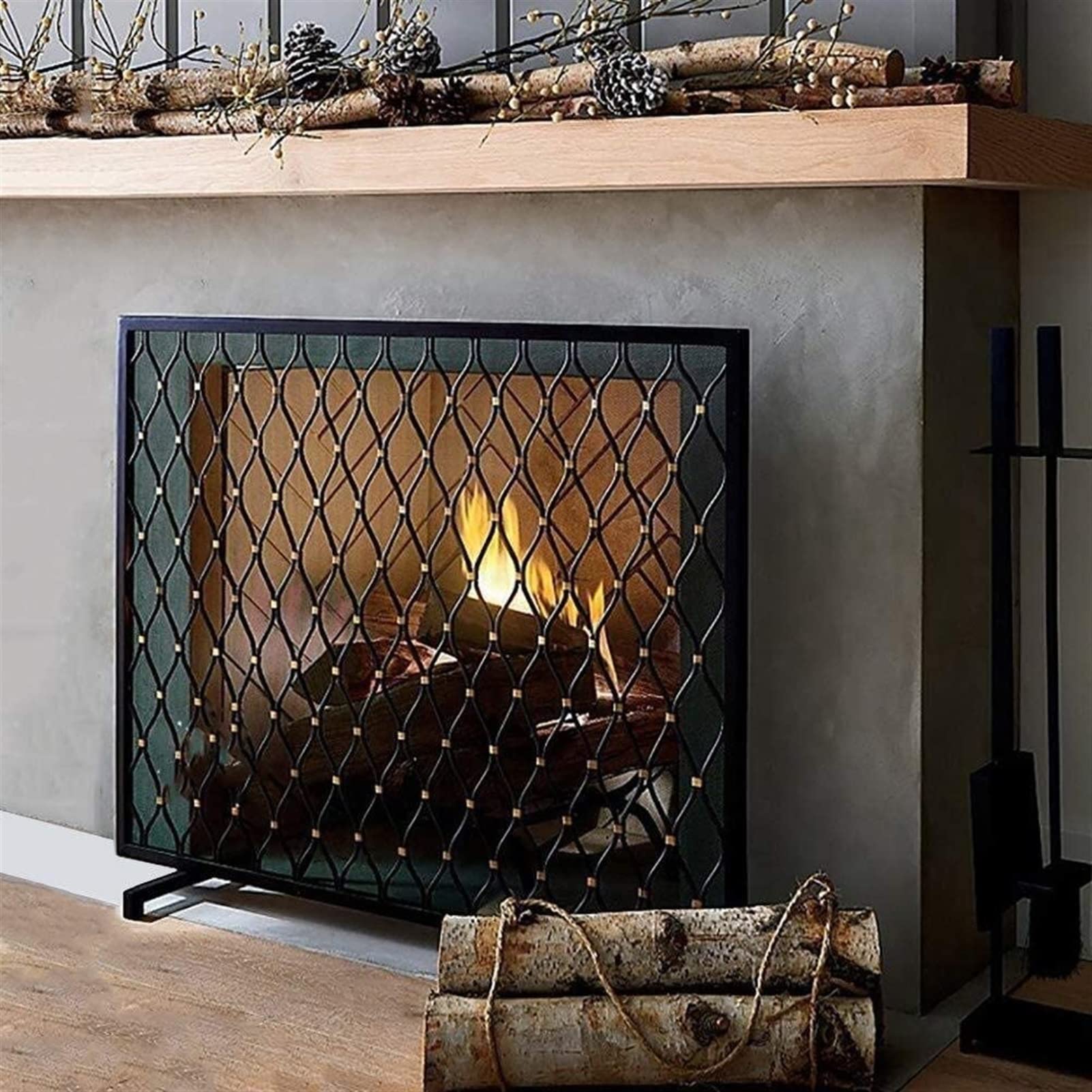 Vintage Wrought Iron Fireplace Screen - Decorative Large Single Panel Stove Fire Guard with Metal Mesh for Indoor & Outdoor Safety | Perfect for Living Room, Patio, and Fireplace Protection