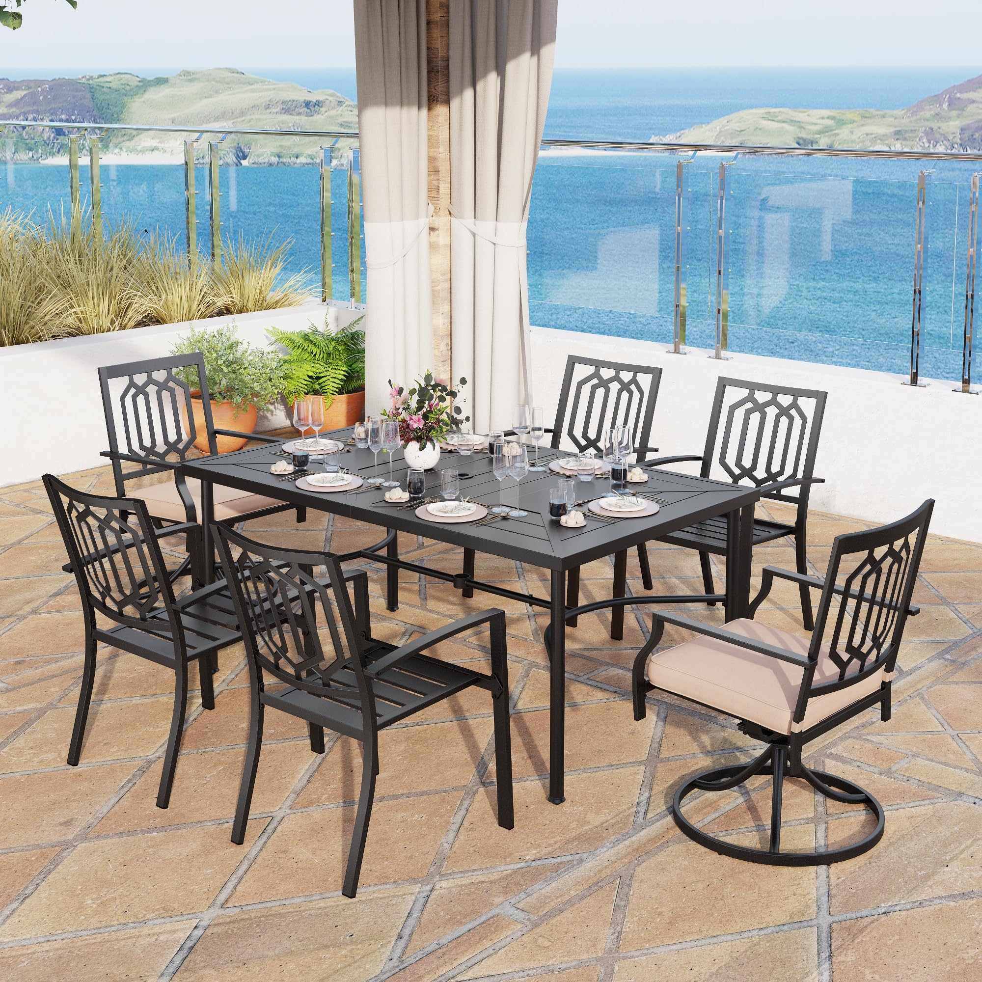 MFSTUDIO 7-Piece Black Metal Outdoor Patio Dining Set with 64