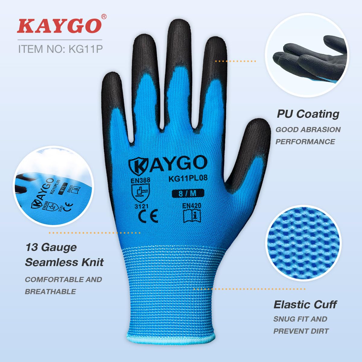 **KAYGO Safety Work Gloves - 60 Pairs PU Coated Seamless Knit Gloves with Smooth Grip for Men & Women | General Duty, Construction, Gardening & DIY Projects (KG11PR, M, Blue)**