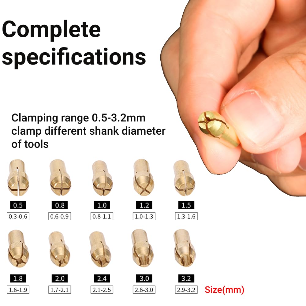 11-Piece 4-Jaw Copper Drill Chuck Collet Set for Mini Electric Grinder & Rotary Tools (0.5-3.2mm) - Precision Accessories for Woodworking, Metalworking & DIY Projects
