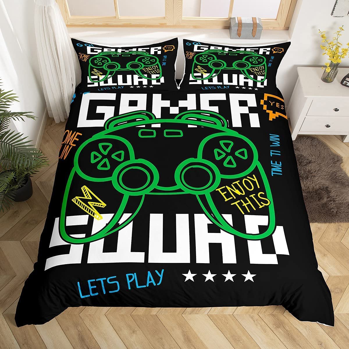 Erosebridal King Size Video Game Duvet Cover Set - Green Cartoon Gamer Pattern Comforter Cover, Electronic Theme Quilt Set (3Pcs) for Kids, Teens & Adults - Soft, Breathable Bedding - Perfect for Gaming Rooms, Teen Bedrooms & Gift Giving