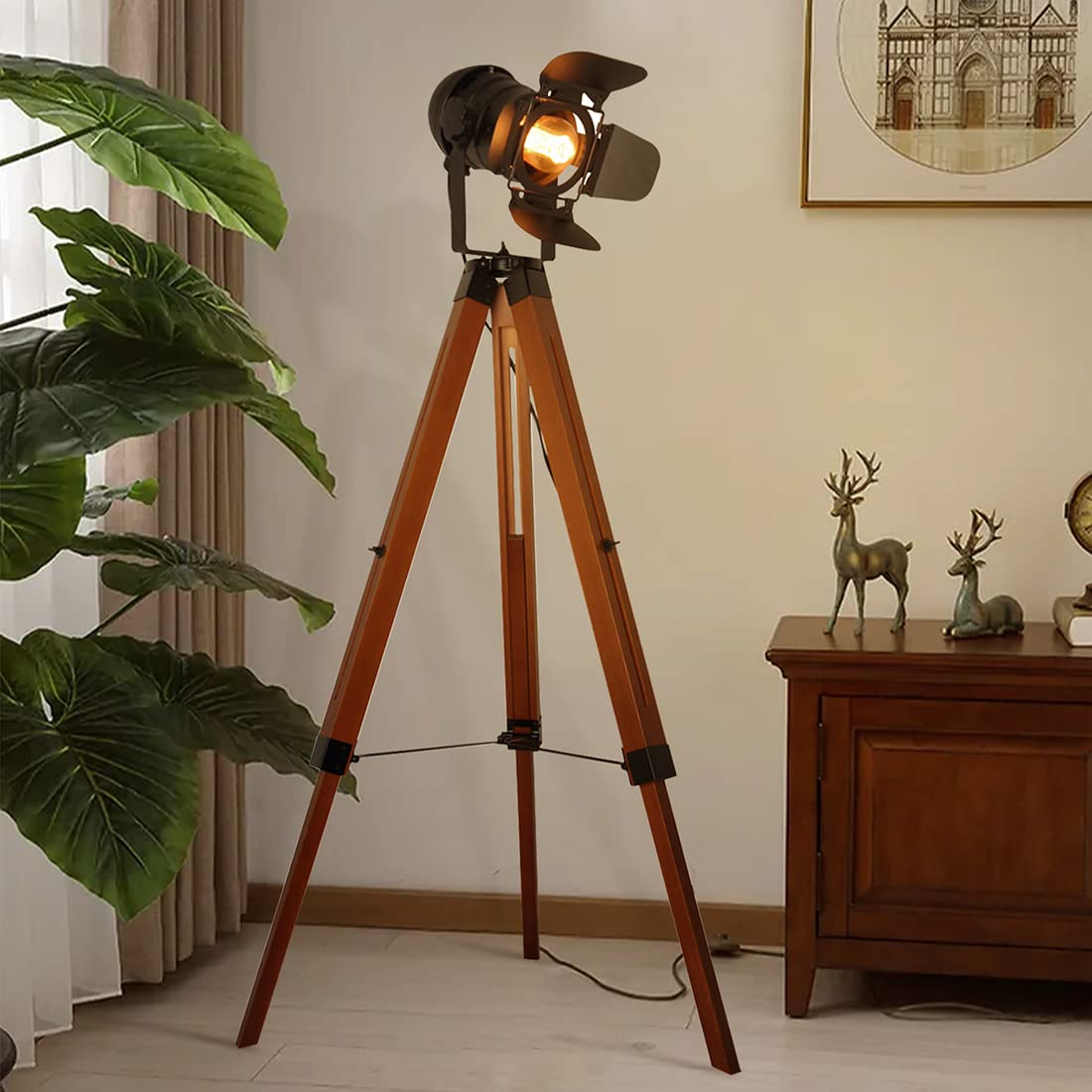 Vintage Industrial Tripod Floor Lamp - Adjustable Standing Reading Light with Metal Wood Leg for Living Room, Bedroom, Office, Study & Studio - Black (Bulb Not Included) - Perfect for Cozy Reading Nooks & Modern Home Decor
