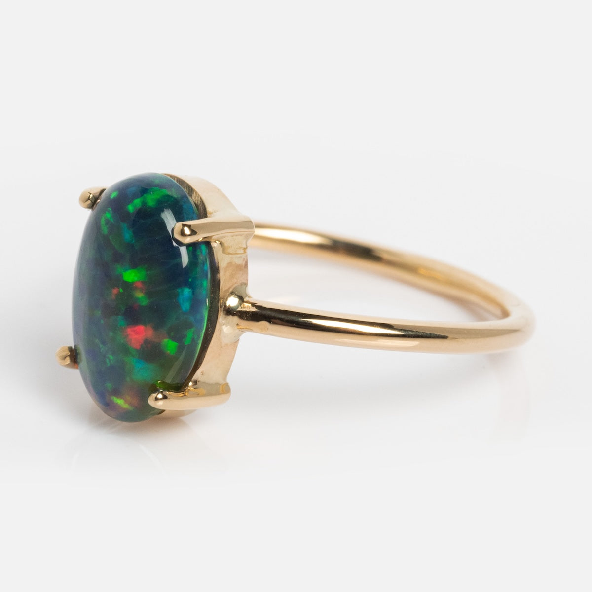 14K Gold Elongated Oval Black Welo Opal Ring – Unique Handmade Jewelry for Women, Elegant Gift for Birthday, Anniversary & Special Occasions
