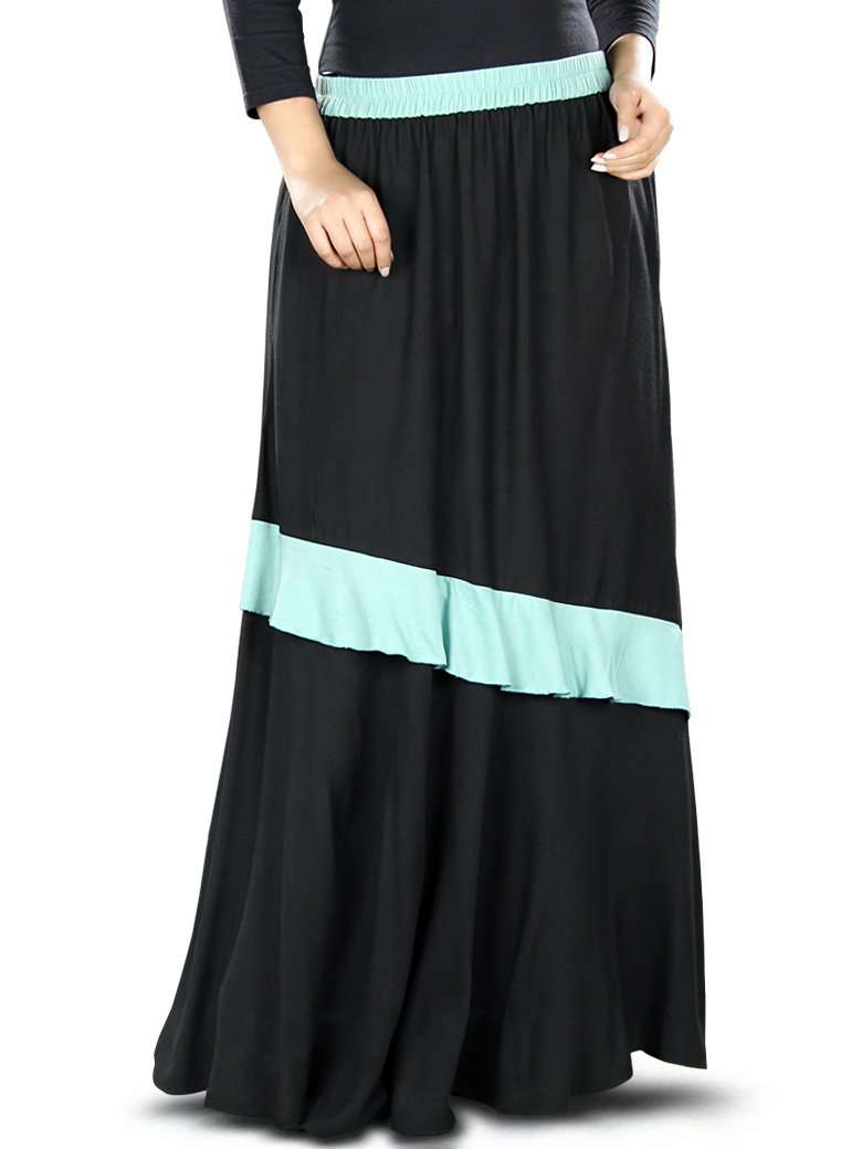 Zilal Women's Black & Blue Rayon Skirt - Flowy Midi Skirt with Elastic Waist for Casual Wear, Office, and Summer Outfits