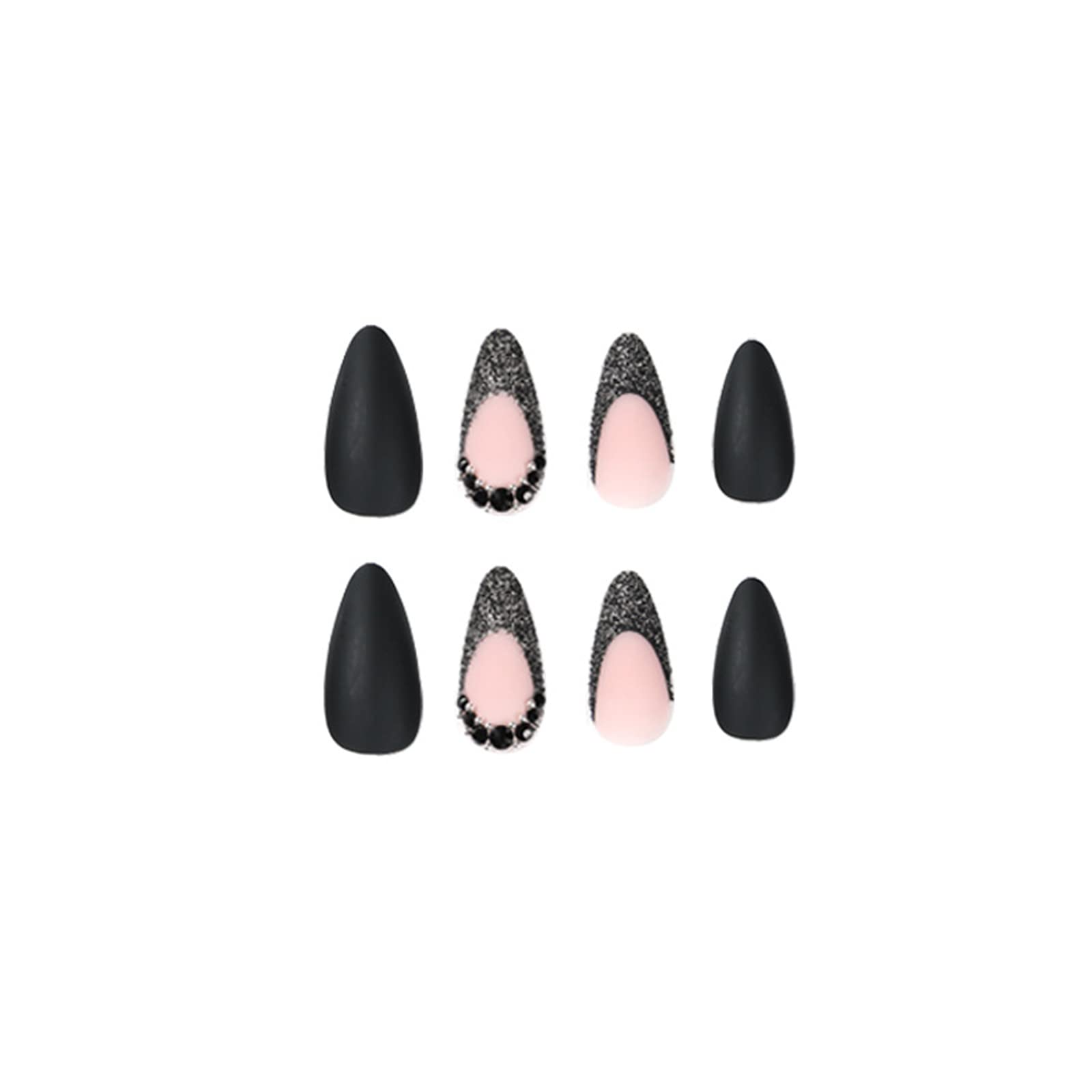 24 Pcs French Tip Press on Nails - Medium Length Almond Shaped Fake Nails with Rhinestone Design, Matte Black Acrylic Nails for Women & Girls | Easy Glue on False Nails for Parties, Weddings & Daily Wear