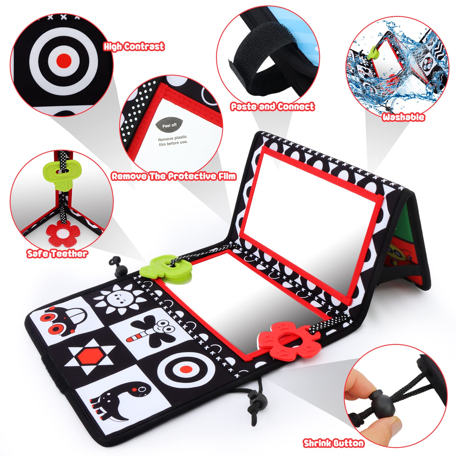 **Double-Sided Tummy Time Mirror with Teethers – High Contrast Black & White Baby Sensory Toy for Newborns & Infants | Montessori Crawling Developmental Toy for Playtime & Learning (A-Mirror)**