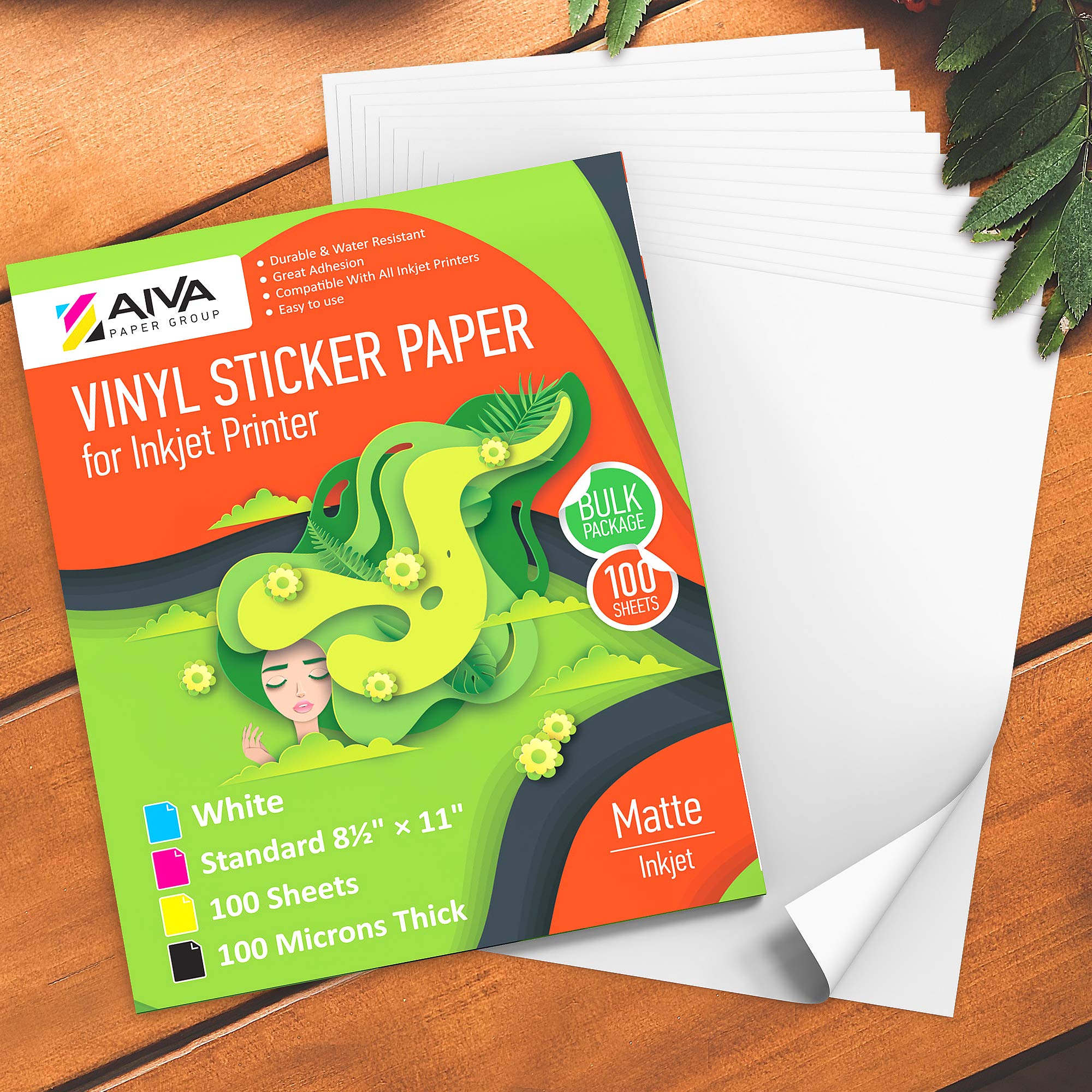 Waterproof Printable Vinyl Sticker Paper for Inkjet Printer - 100 Self-Adhesive Matte White Sheets (8.5