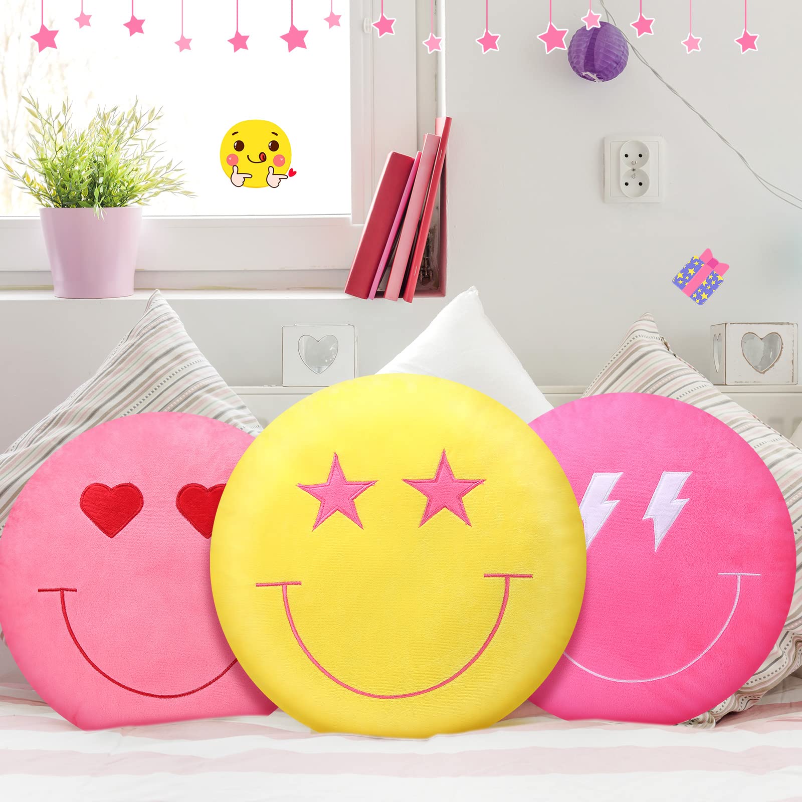 3D Embroidered Round Face Emoticon Plush Pillow Set - 3 Pack 16 Inch Cute Stuffed Throw Cushions for Bed, Sofa, Couch & Car Decor - Soft Floor Pillows for Home, Office & Dorm Room Comfort