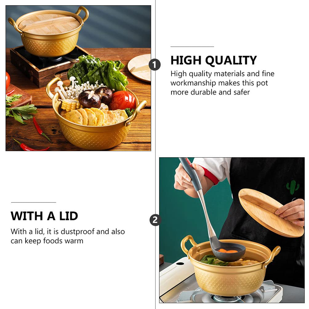 Hemoton 1-Piece Bamboo Lid Soup Pot - Korean Style Milk Pan, Instant Noodle Pot & Ramyun Bowl with Glass Mugs - Aluminum Sauce Pan with Lid for Kitchen Use - Perfect for Cooking Soup, Stew, Milk Heating & Serving Asian Dishes